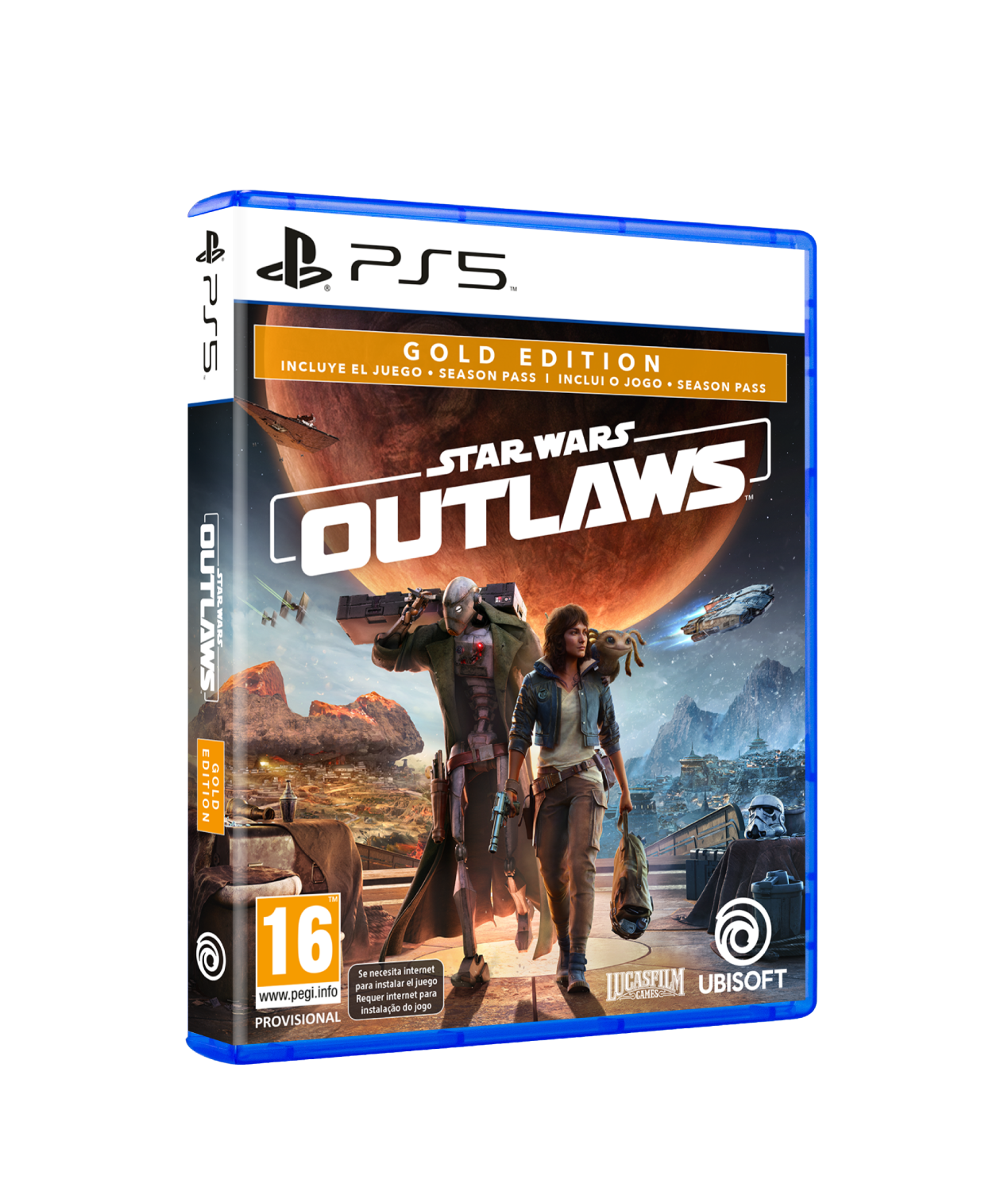 Caja del juego Star Wars Outlaws Gold Edition, caja azul con portada de personajes y una nave espacial.