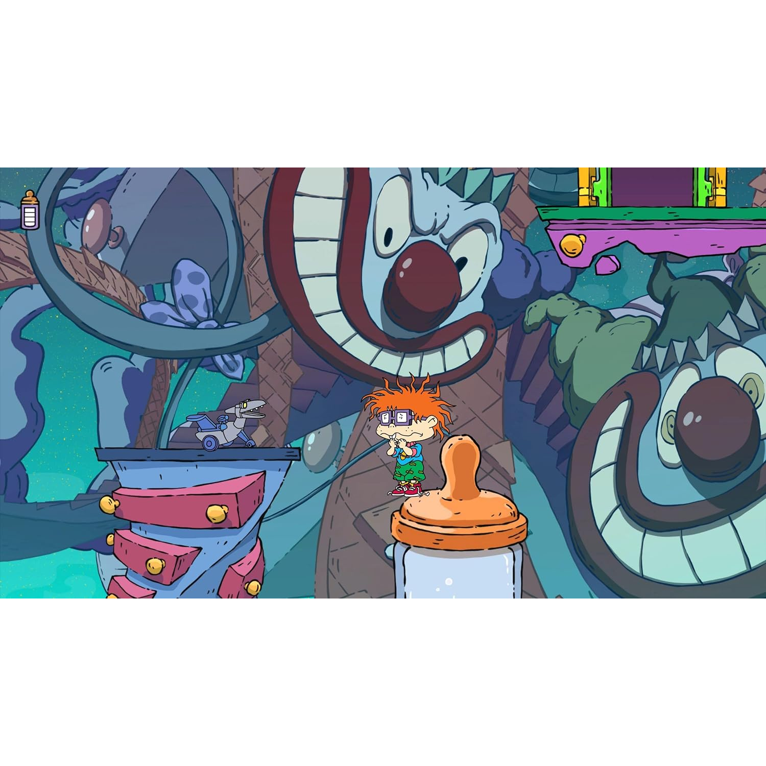 Cartoonafbeelding van een jongen met rood haar in een kleurrijke cartoonscène.