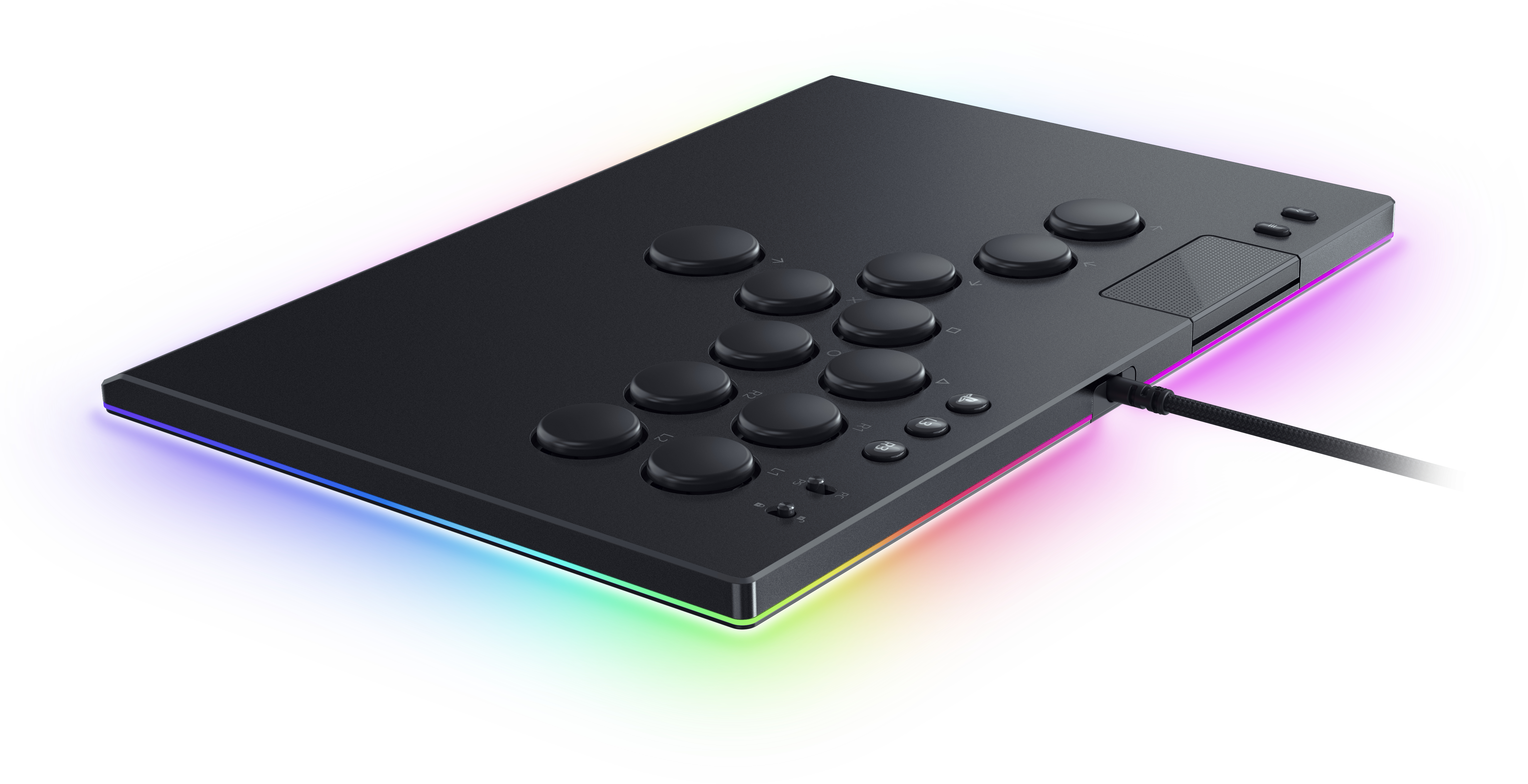 Schwarzer Gaming-Controller mit Knöpfen und einem farbenfrohen Lichtstreifen unten.