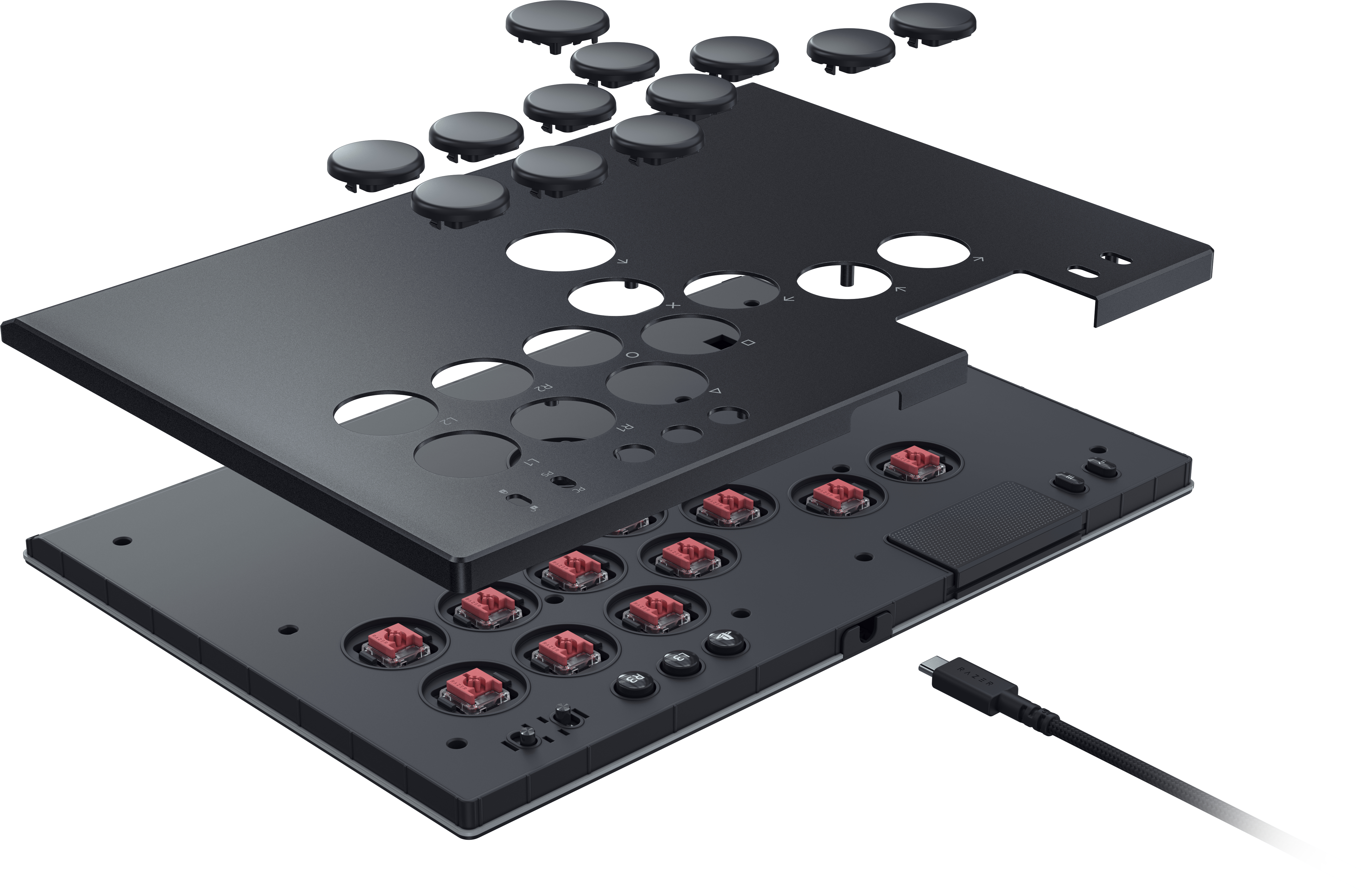 Zerlegter schwarzer Gaming-Controller. Knöpfe und Leiterplatten sind sichtbar.