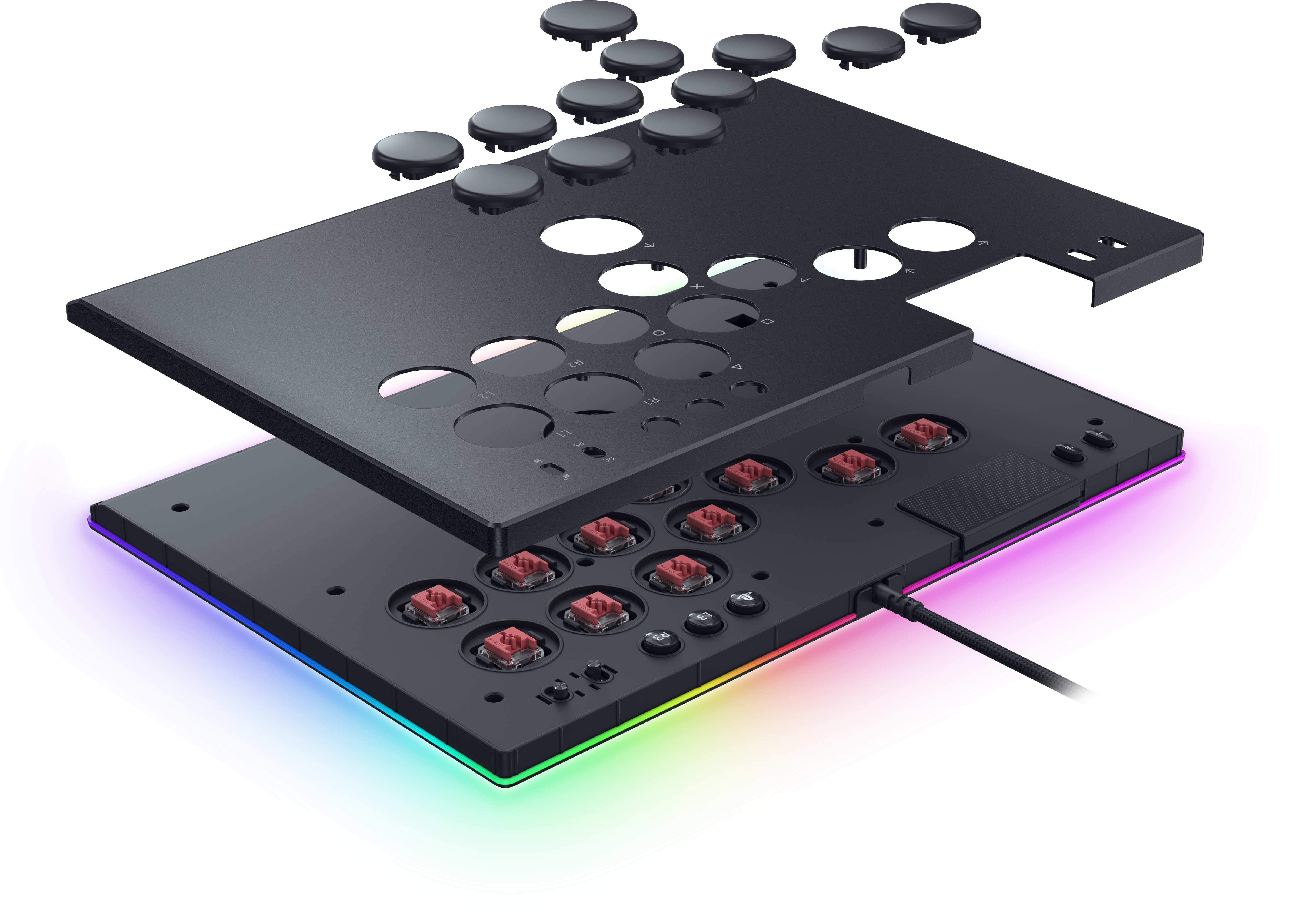 Zerlegter Gaming-Controller mit Knöpfen, Schaltern und farbenfroher Basis.