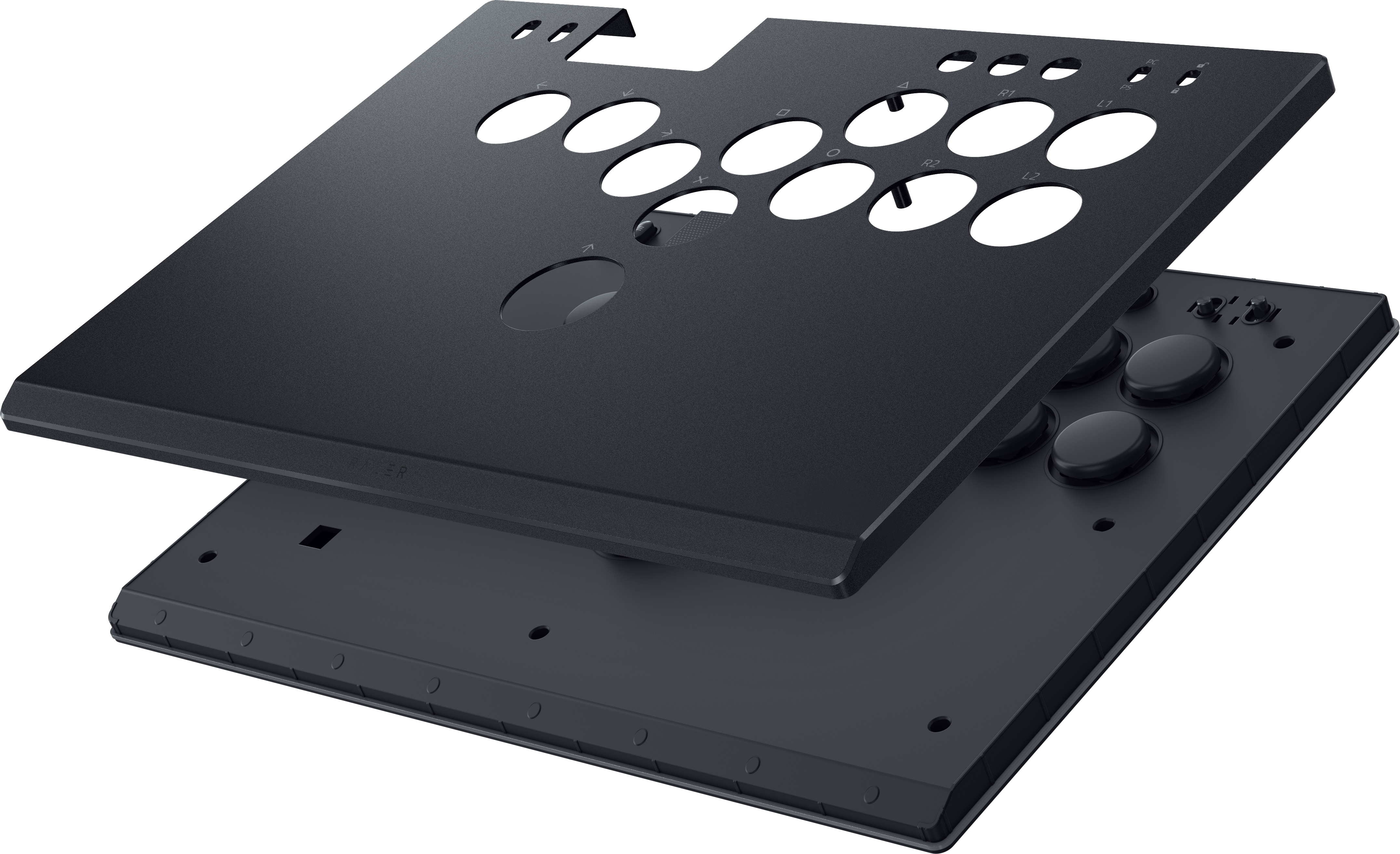 Ein zerlegter Arcade-Stick, der die obere Platte mit Knopflöchern und die Basis zeigt.
