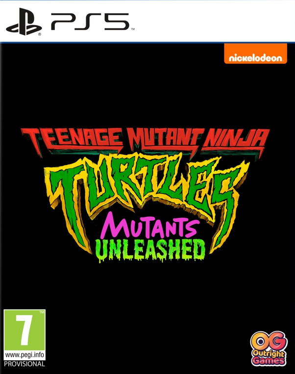 Teenage Mutant Ninja Turtles game cover. Groen en geel logo op zwarte achtergrond. PS5 logo zichtbaar.