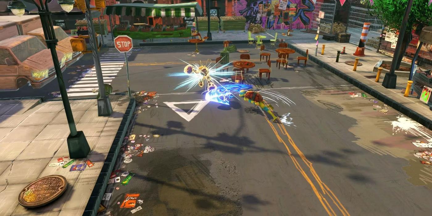 Scène de jeu animée avec des personnages combattant dans une rue de la ville.