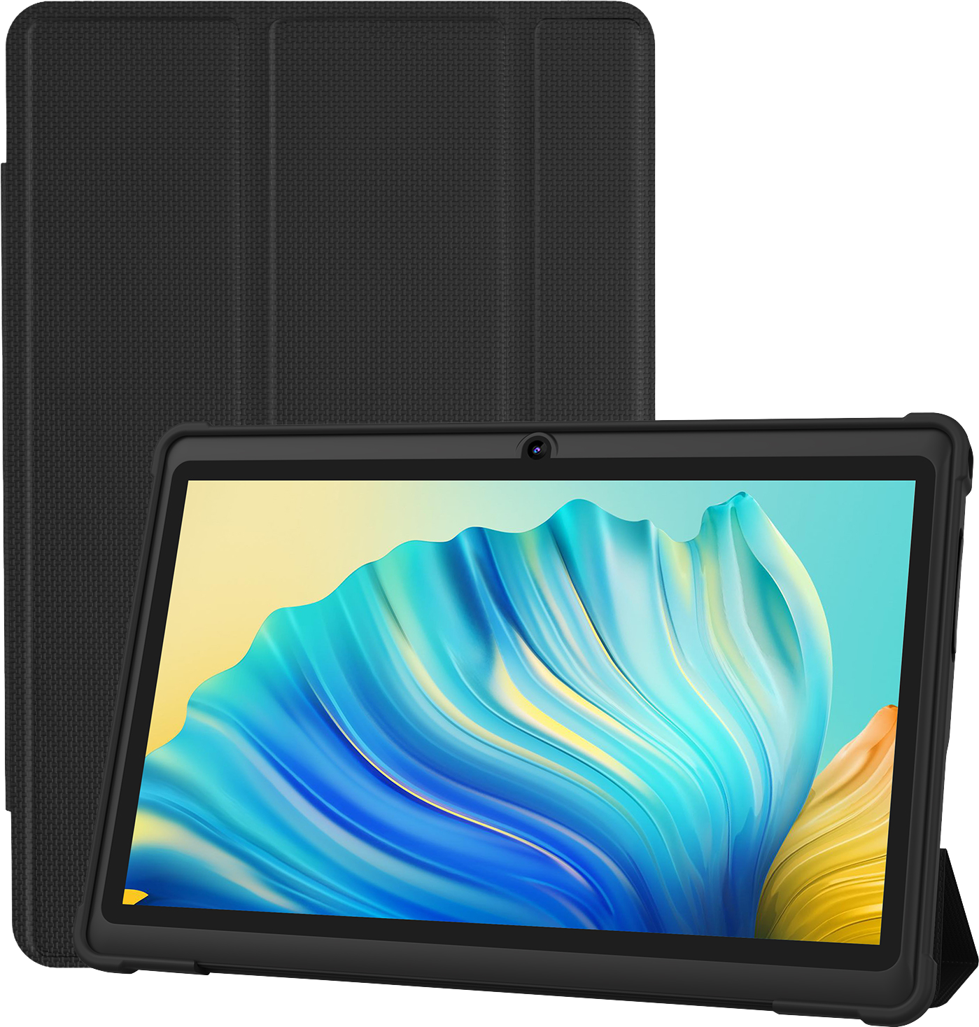 Fekete tablet tokkal, színes képernyővel. A tok a tablet mögött van.