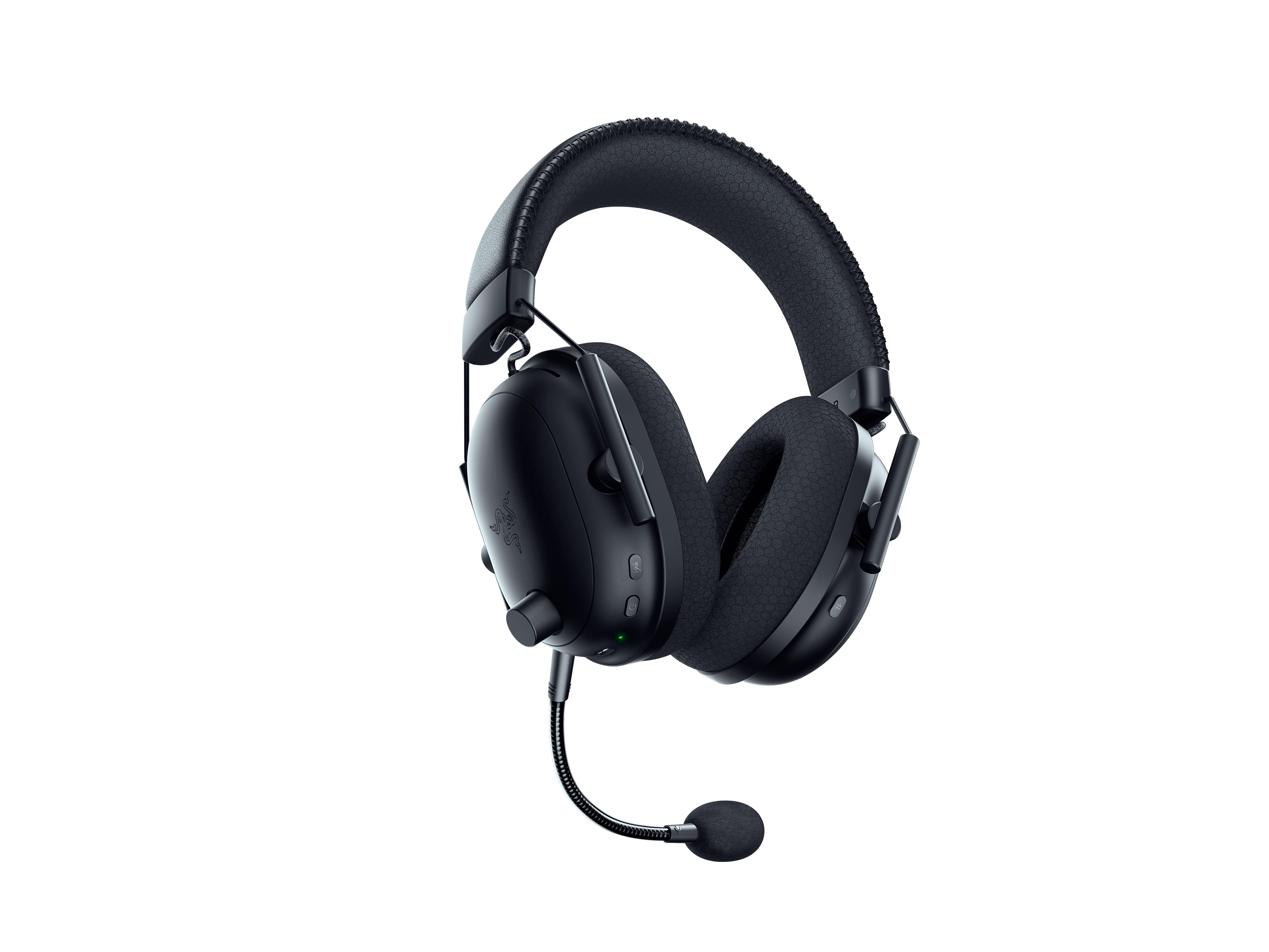 Schwarzes Razer-Gaming-Headset auf weißem Hintergrund. Es hat ein Mikrofon.