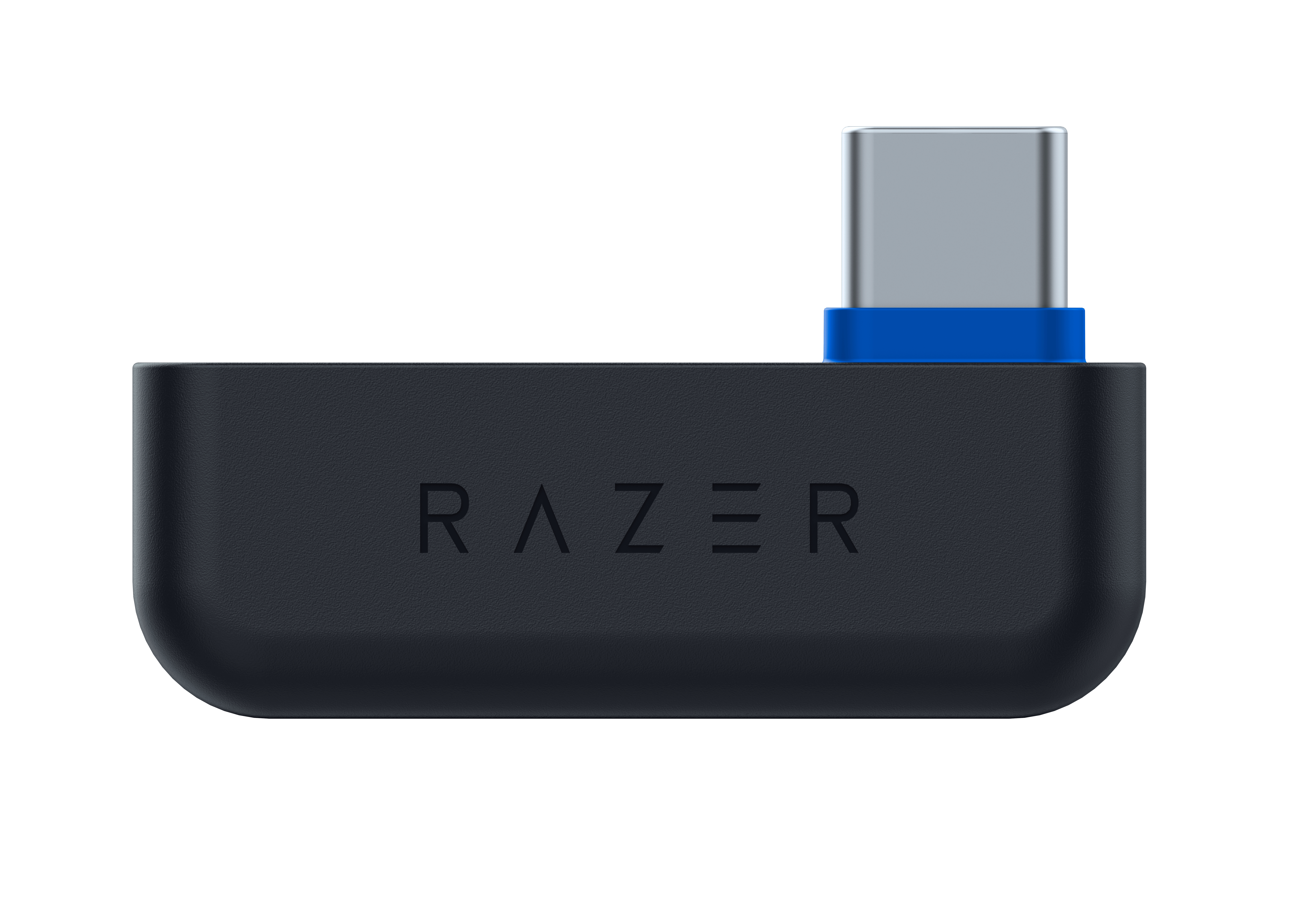 Ein schwarzer Razer USB-C-Dongle mit blauen Akzenten. Das Razer-Logo ist auf der Vorderseite aufgedruckt.