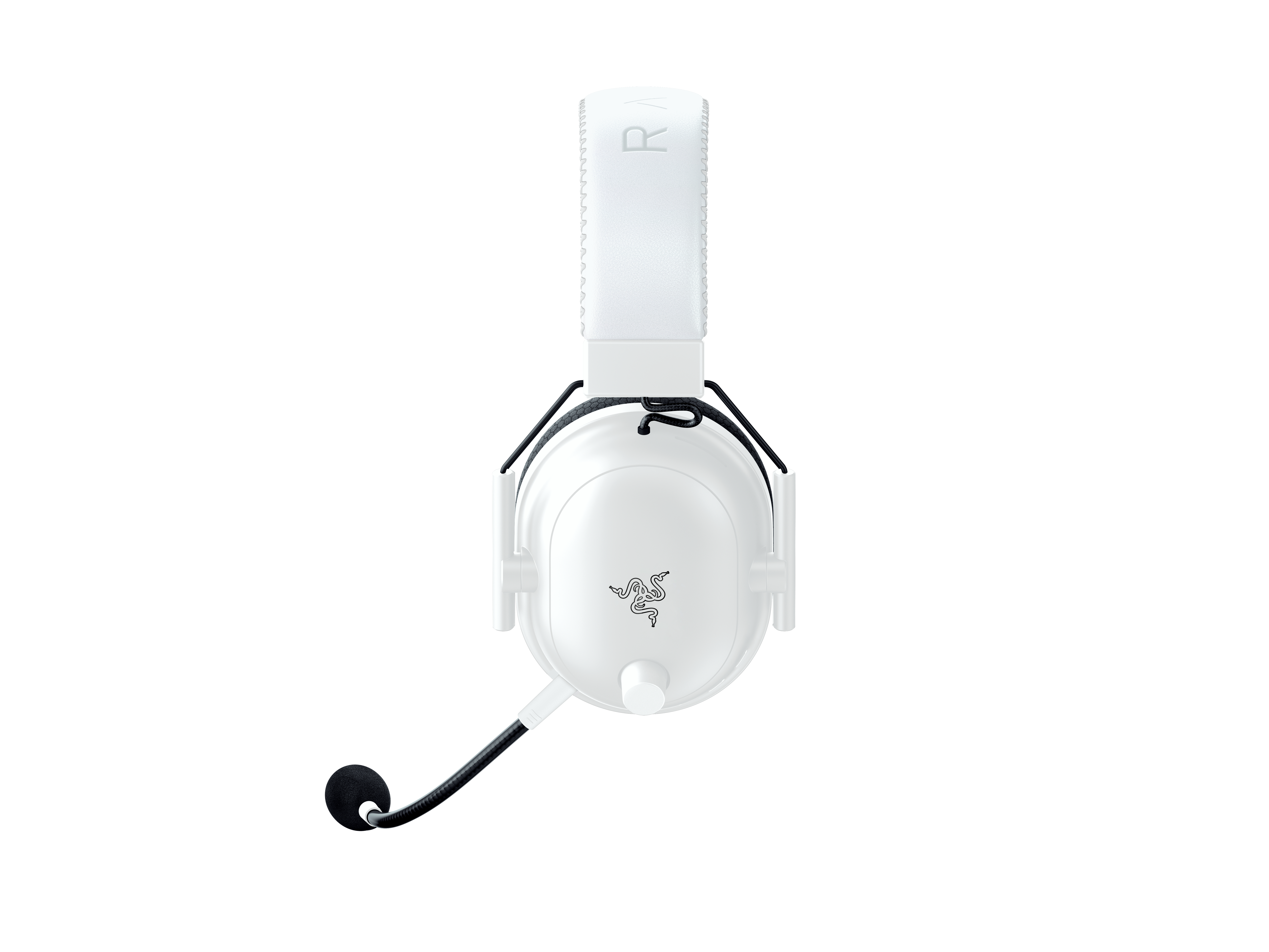 Weißes Razer-Gaming-Headset mit Mikrofon, von vorne gesehen.