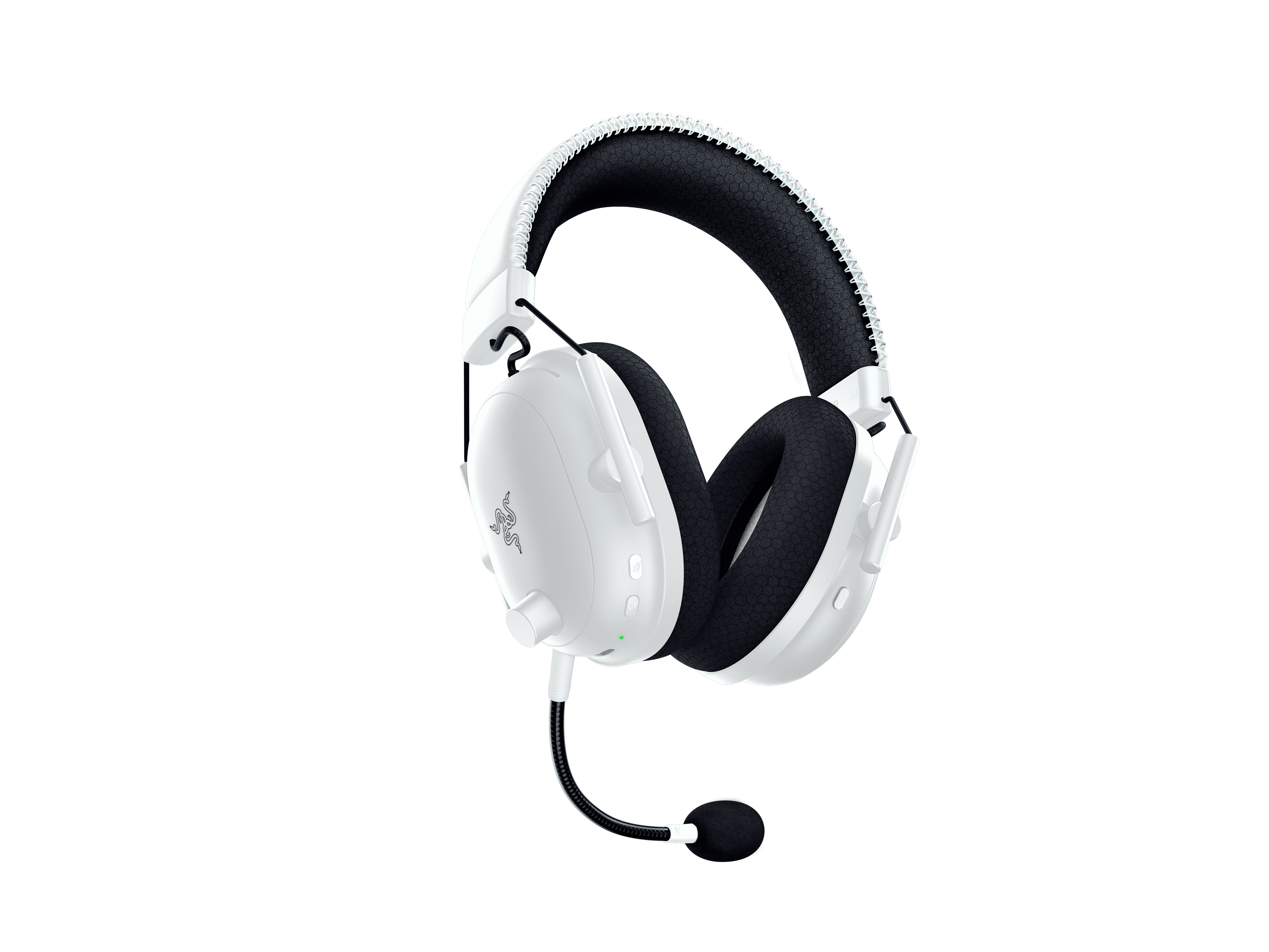 Weißes Razer Gaming-Headset mit Mikrofon. Schwarzes Mikrofon und Ohrpolster.