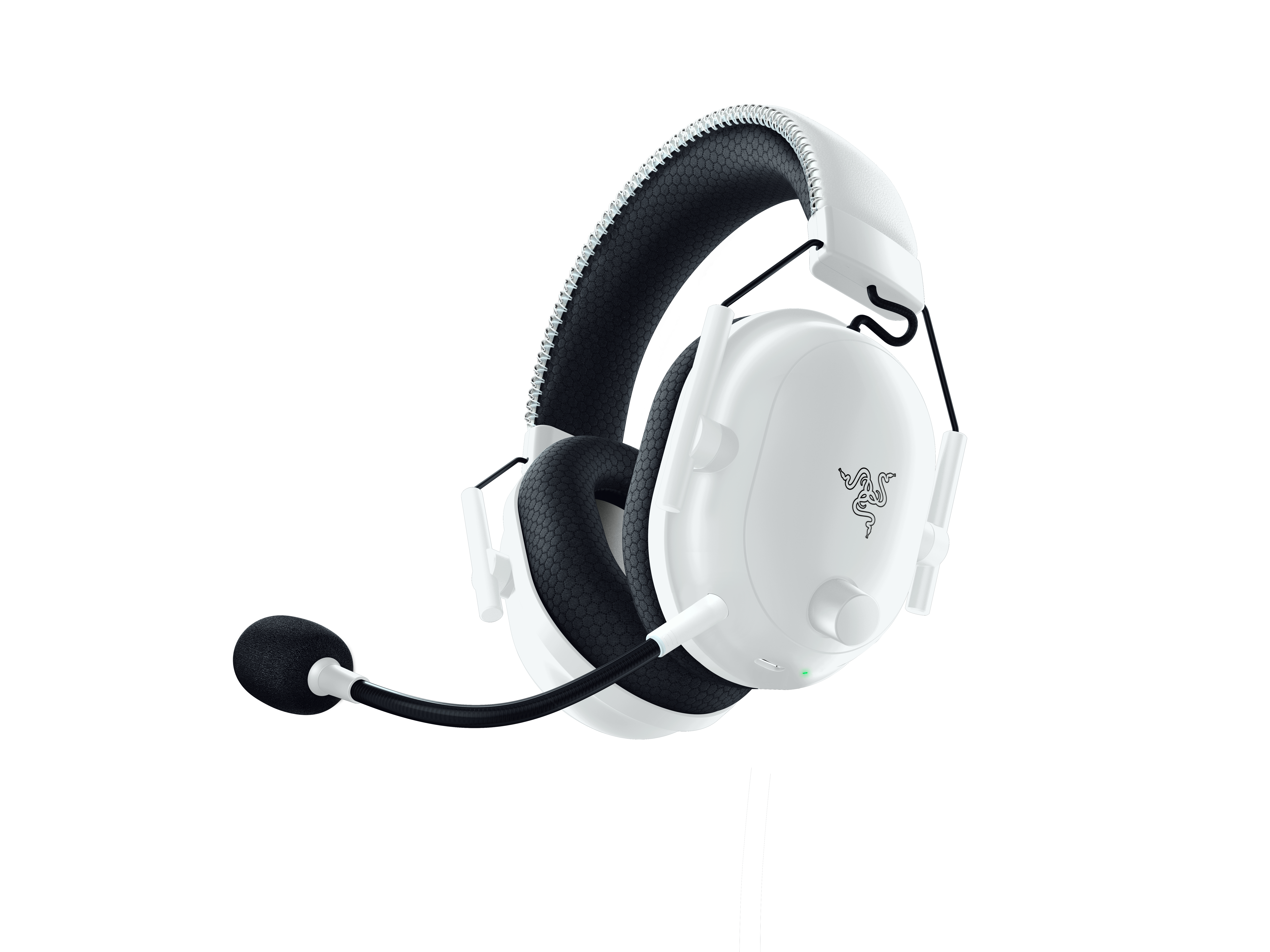 Weißes Gaming-Headset mit Mikrofon auf weißem Hintergrund.