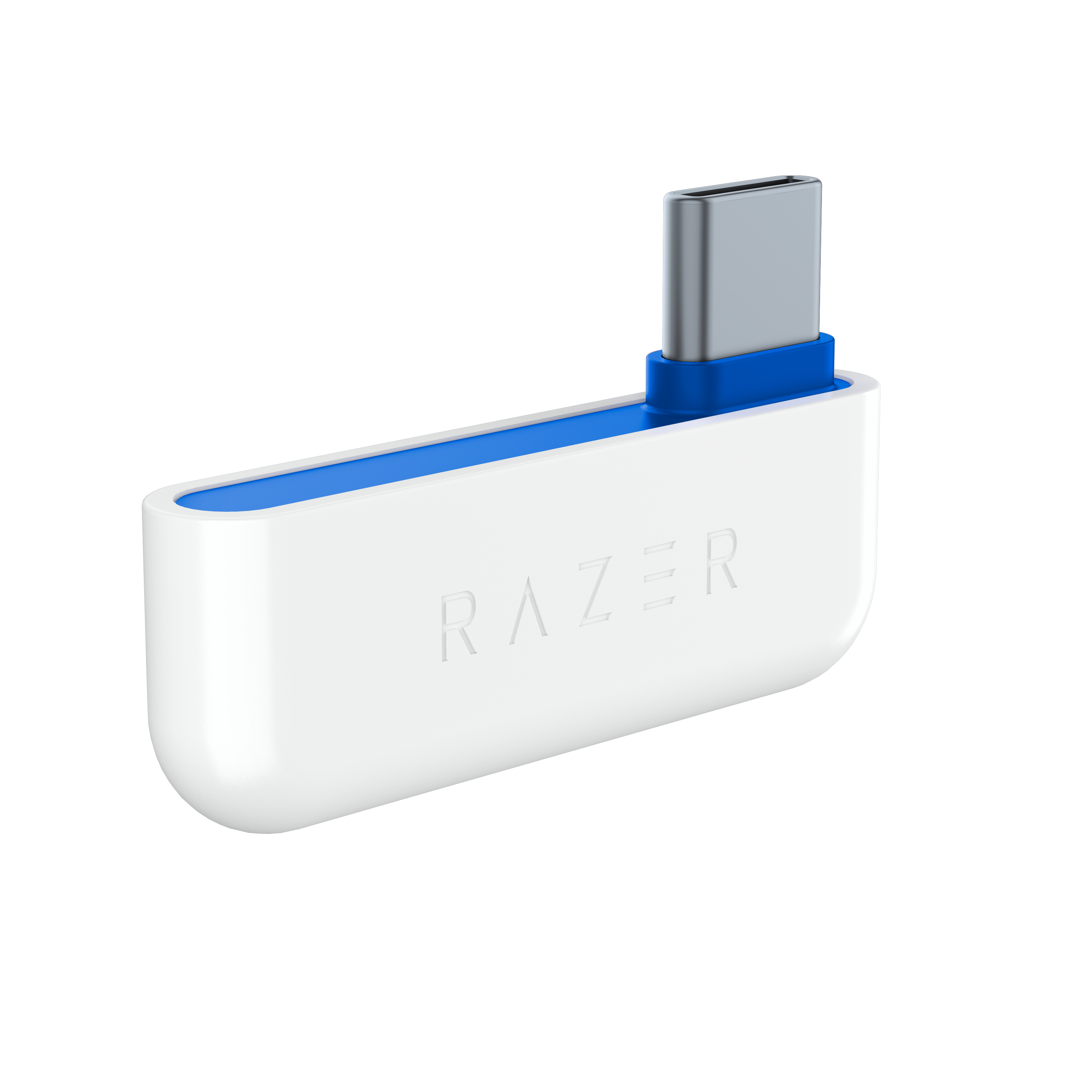 Weißer und blauer Razer USB-C-Adapter. RAZER-Text sichtbar.