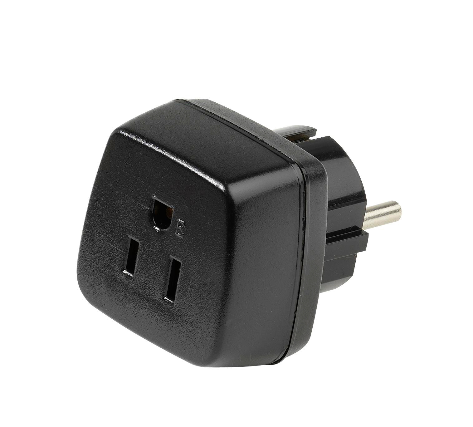 Schwarzer US-zu-EU-Steckeradapter, dreipoliger US-Eingang, zweipoliger EU-Ausgang.