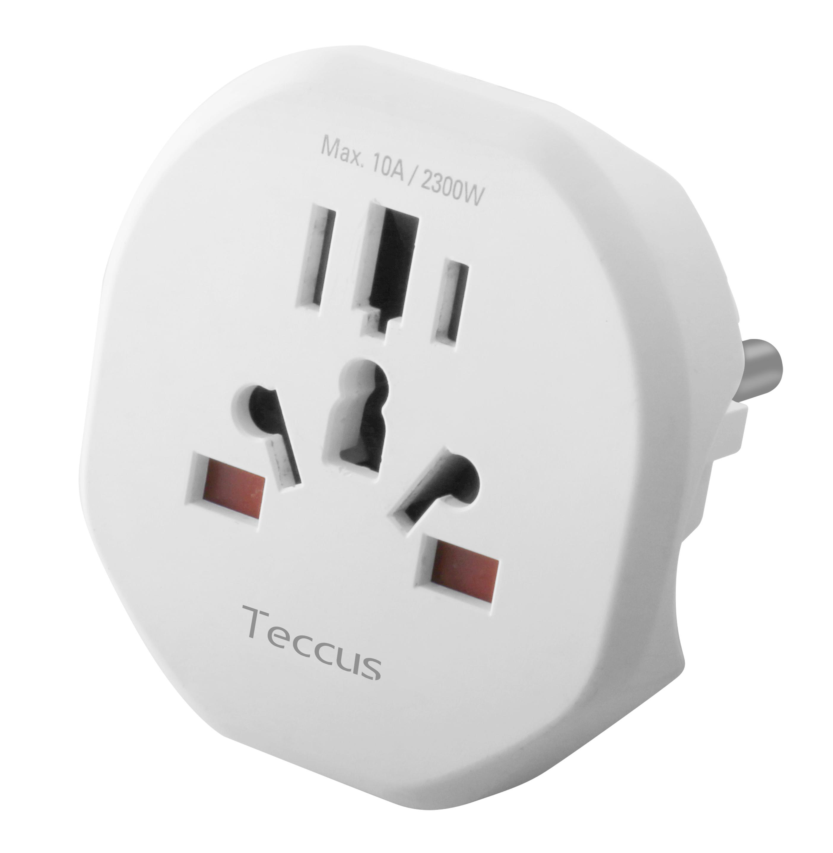 Weißer Reiseadapter mit mehreren Steckertypen und 'Teccus'-Logo.