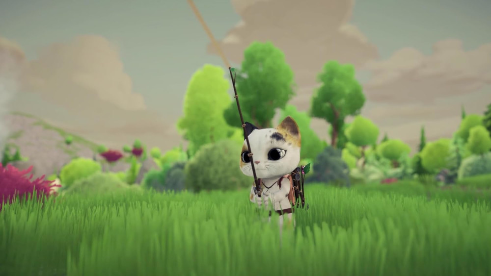 Cartoonkat die vist in een veld met een hengel. Groen gras, bomen en lucht op de achtergrond.