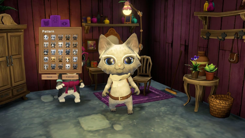 Een katachtig personage met bril en vlinderdas in een gedecoreerde kamer, met een aanpassingsmenu.