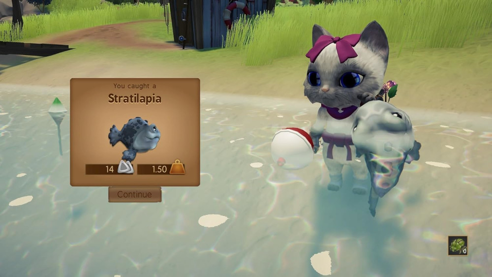 Stripkat met een vis en een spelscherm met een vispictogram en tekst.