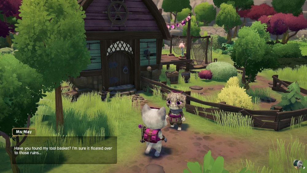 Twee cartoonkatten bij een huis. Eén vraagt ​​naar een gereedschapskist. De achtergrond bevat bomen en een houten hek.