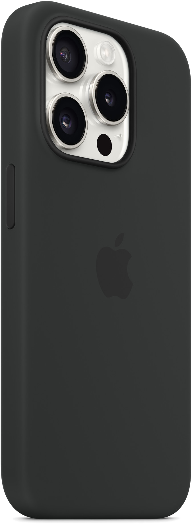 Fekete telefontok Apple logóval. A kamera lencséi láthatók. A tok fehér háttéren van.