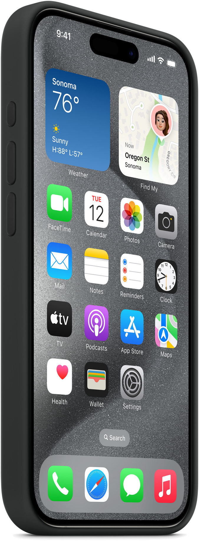 Fekete iPhone tokkal, mely az alkalmazásikonokkal és widgetekkel ellátott kezdőképernyőt mutatja.