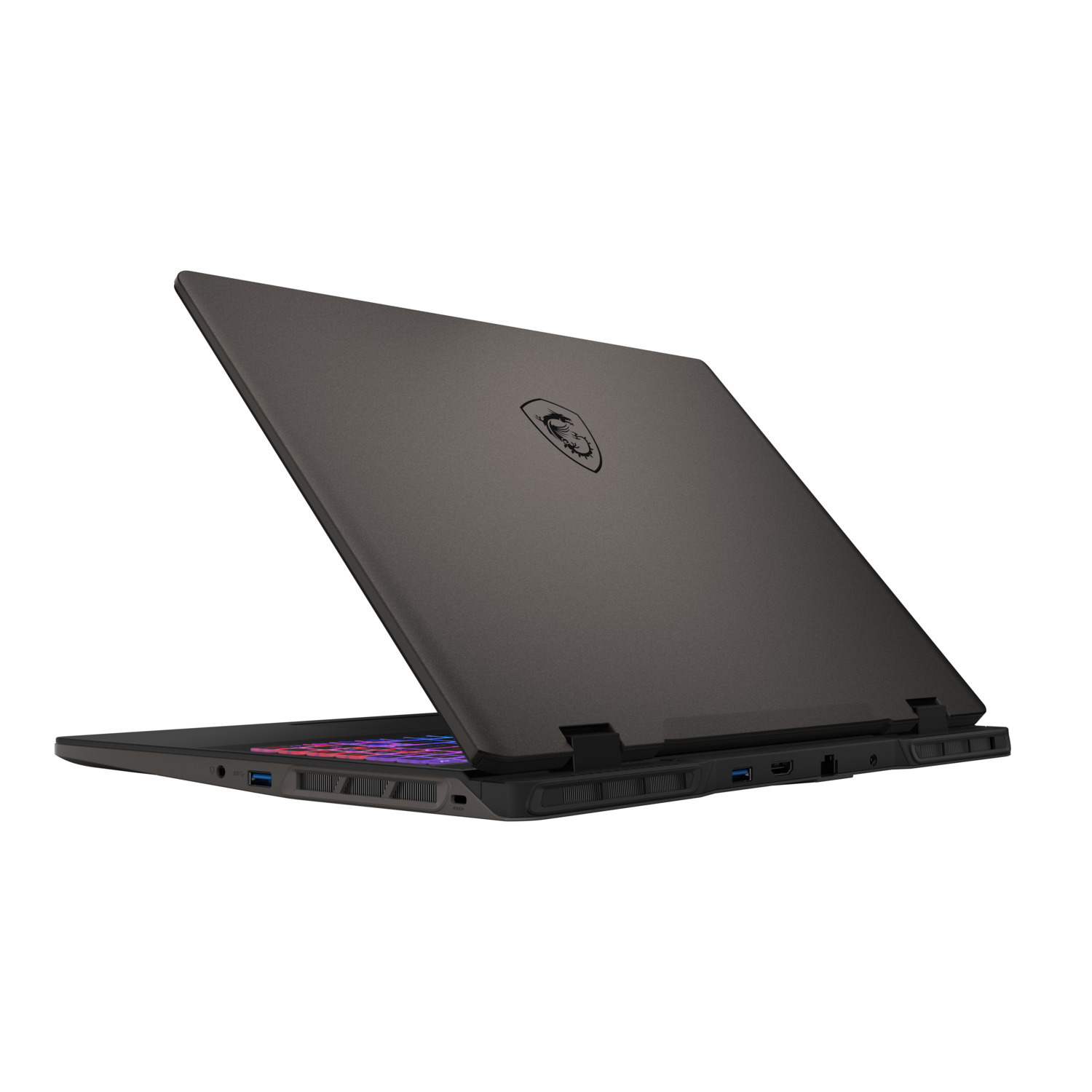 Zwarte laptop, iets open. De achterkant van de laptop is zichtbaar, met een logo in het midden.