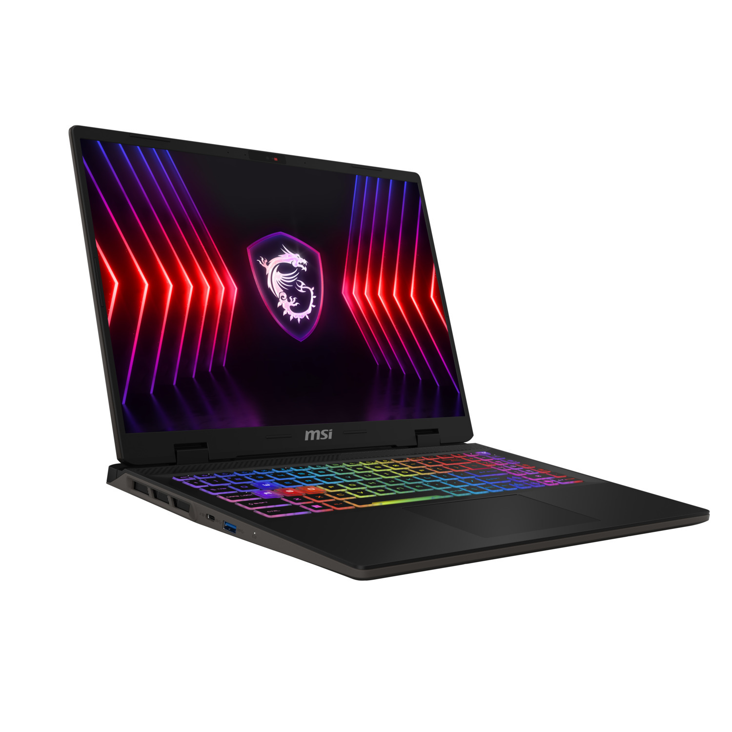 Un ordinateur portable de jeu MSI noir ouvert avec un clavier et un écran colorés.