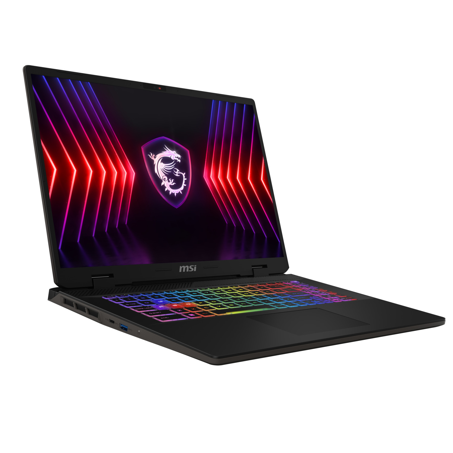Een zwarte MSI laptop met een verlicht toetsenbord en een scherm met kleurrijke graphics.