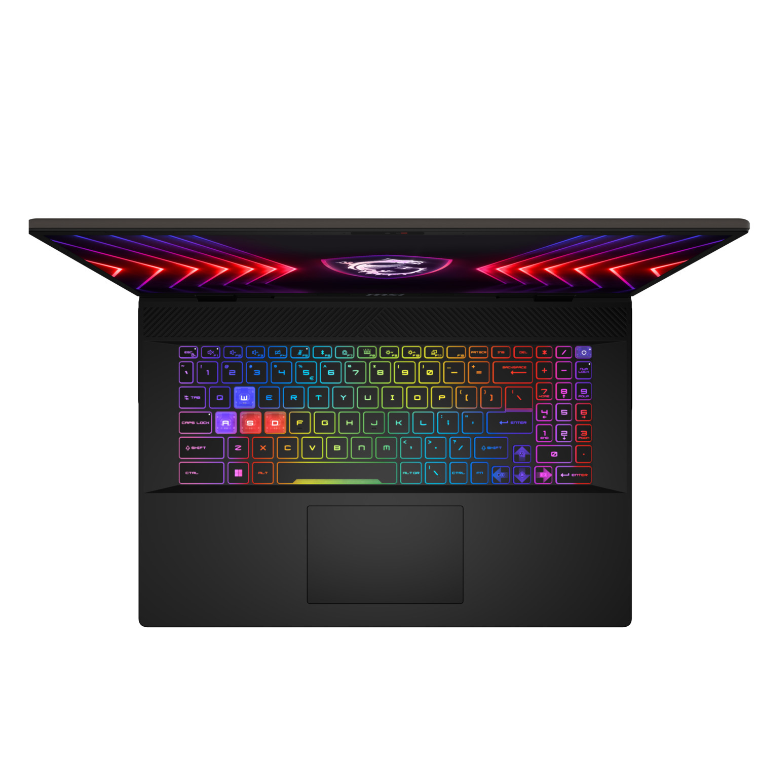 Bovenaanzicht van een zwarte laptop met een kleurrijk verlicht toetsenbord en het MSI-logo op het scherm.