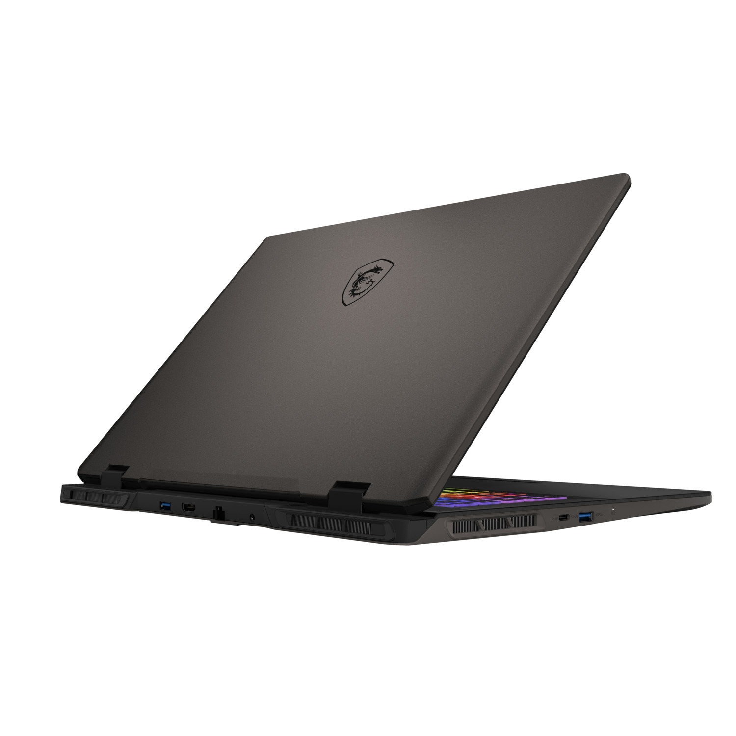 Achteraanzicht van een grijze laptop, gedeeltelijk open, op witte achtergrond.