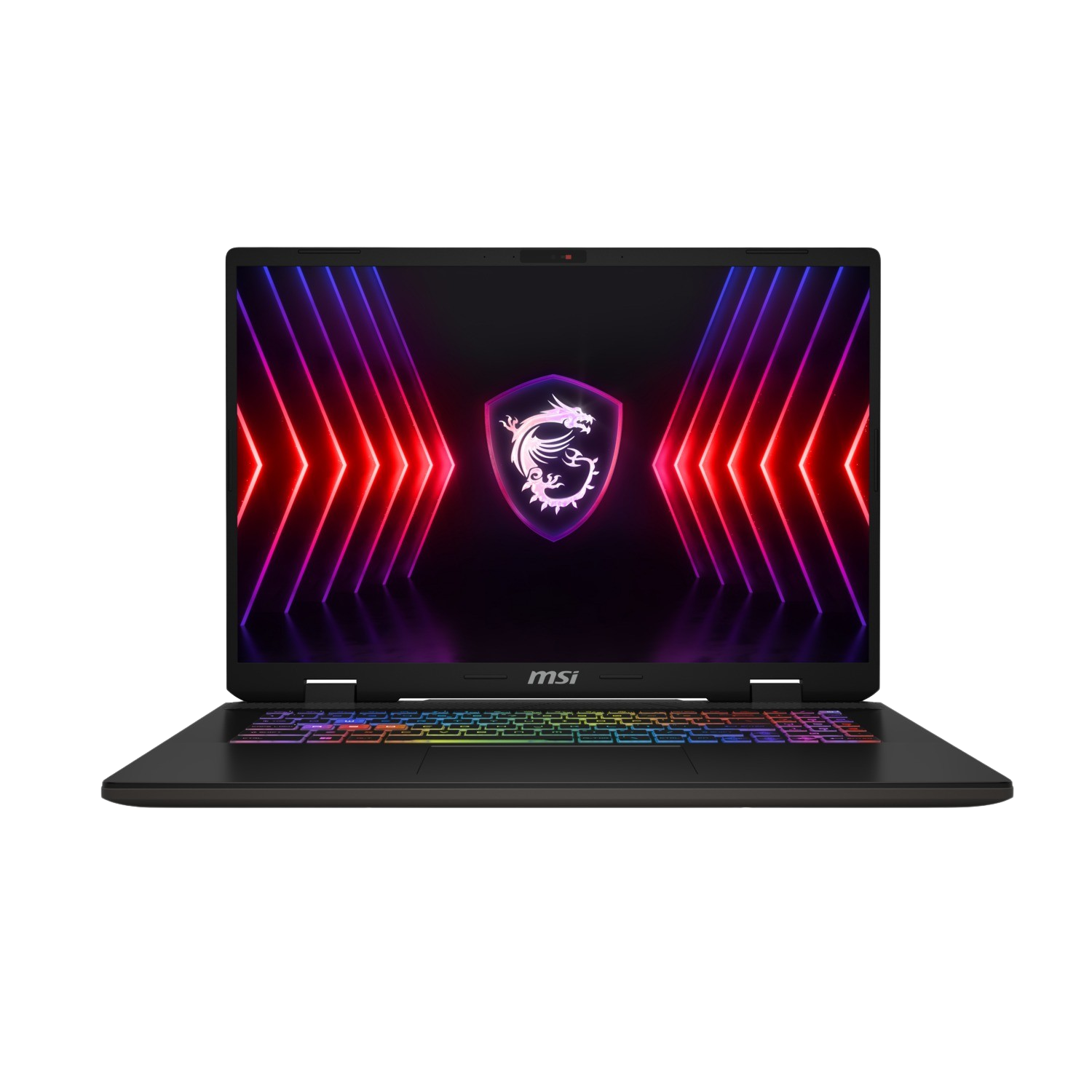 Un ordinateur portable MSI noir, écran affichant des graphiques colorés, clavier arc-en-ciel sur fond noir.
