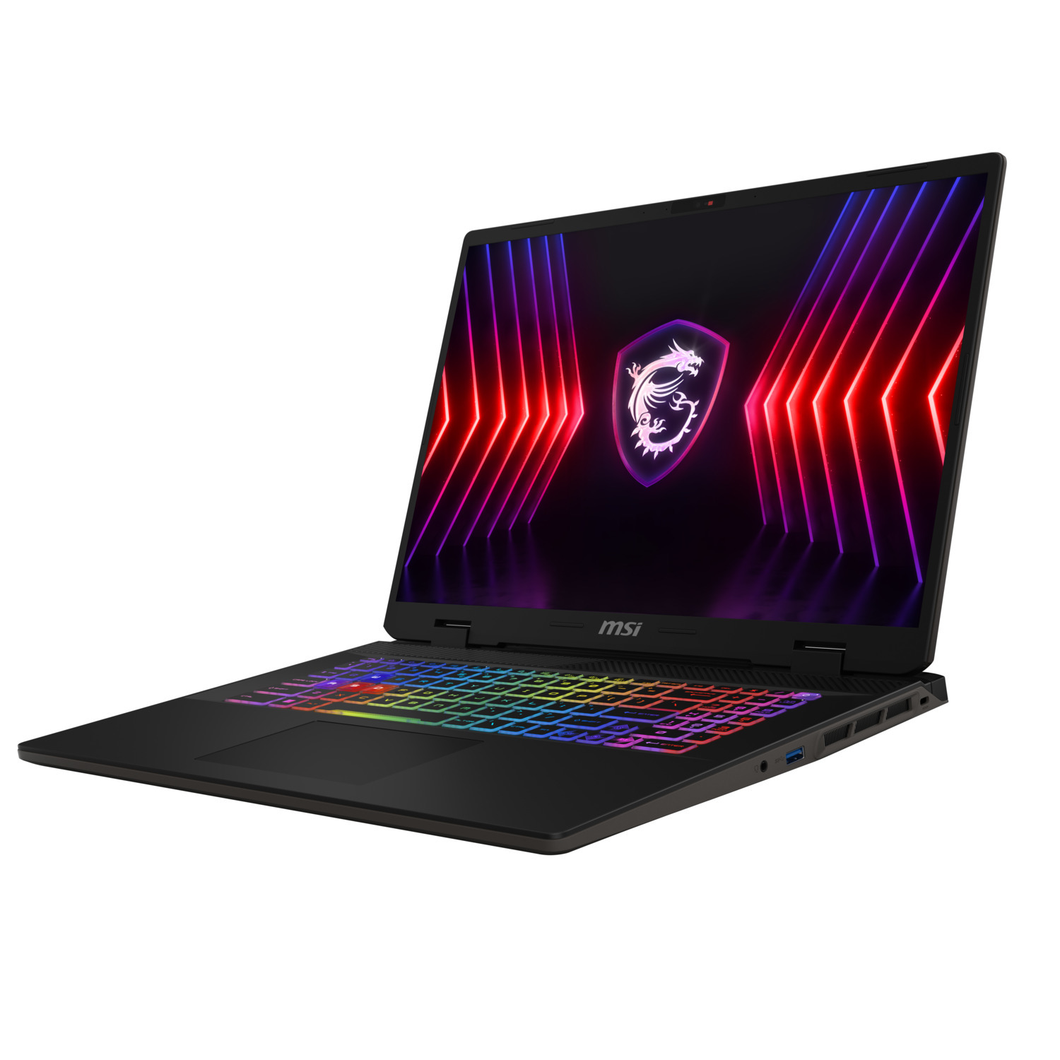 Un ordinateur portable MSI noir avec un clavier coloré et un logo de dragon affiché sur l'écran.