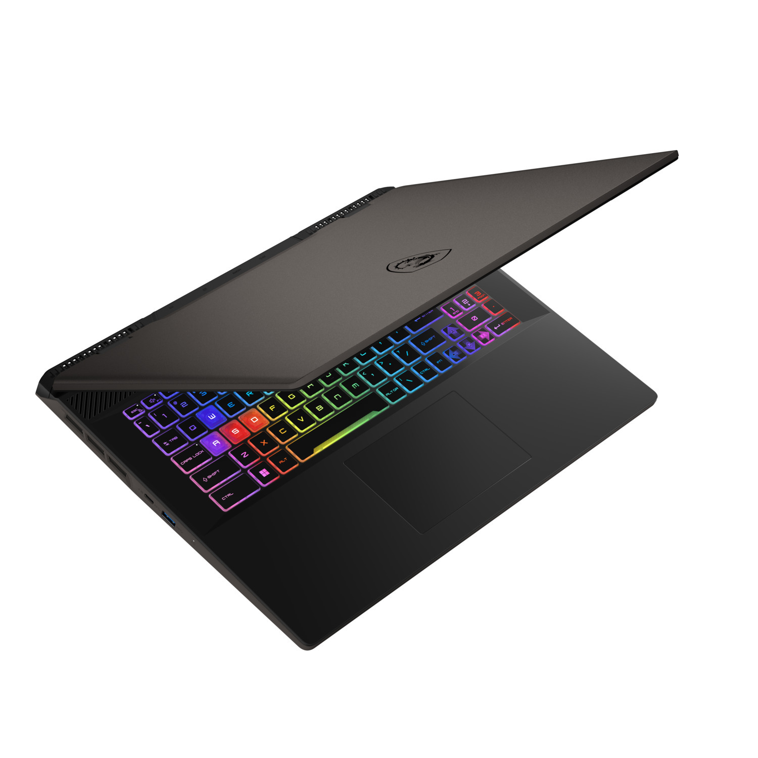 Un ordinateur portable noir avec son écran ouvert, montrant un clavier rétroéclairé coloré.