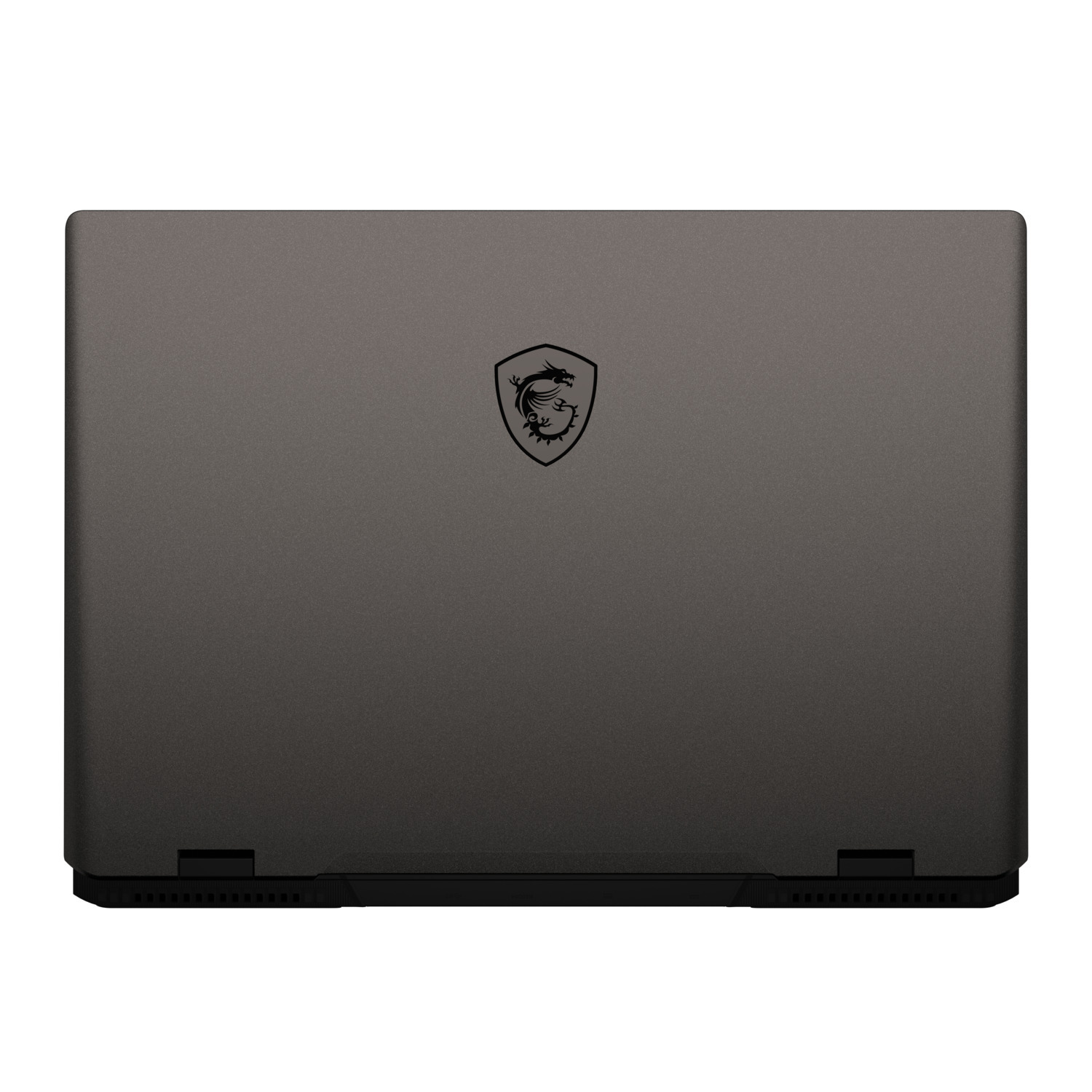 Ordinateur portable MSI, dessus gris, avec un logo de dragon, fermé.