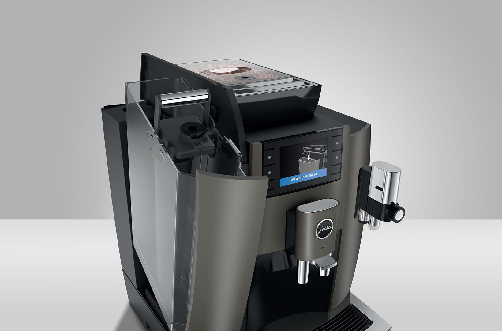 Espressomaschine, zeigt den Wassertank und den Kaffeebohnenbehälter.