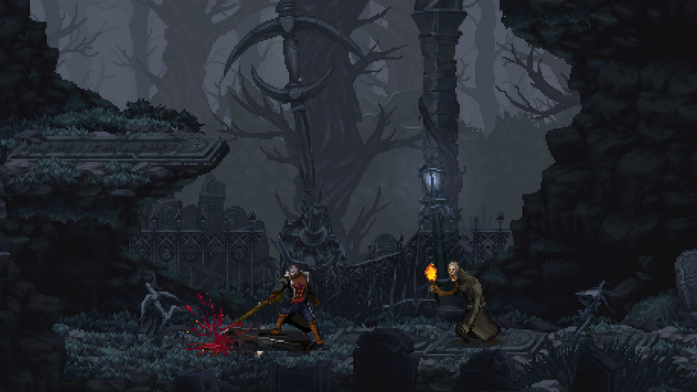 Gepixeleerde game-scène. Een krijger vecht tegen een monster op een kerkhof. Donkere, gotische setting.