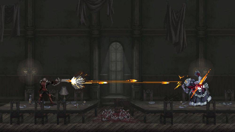 Een pixelige scène van een figuur die op een monster schiet in een donkere, sierlijke kamer met tafels en een raam.