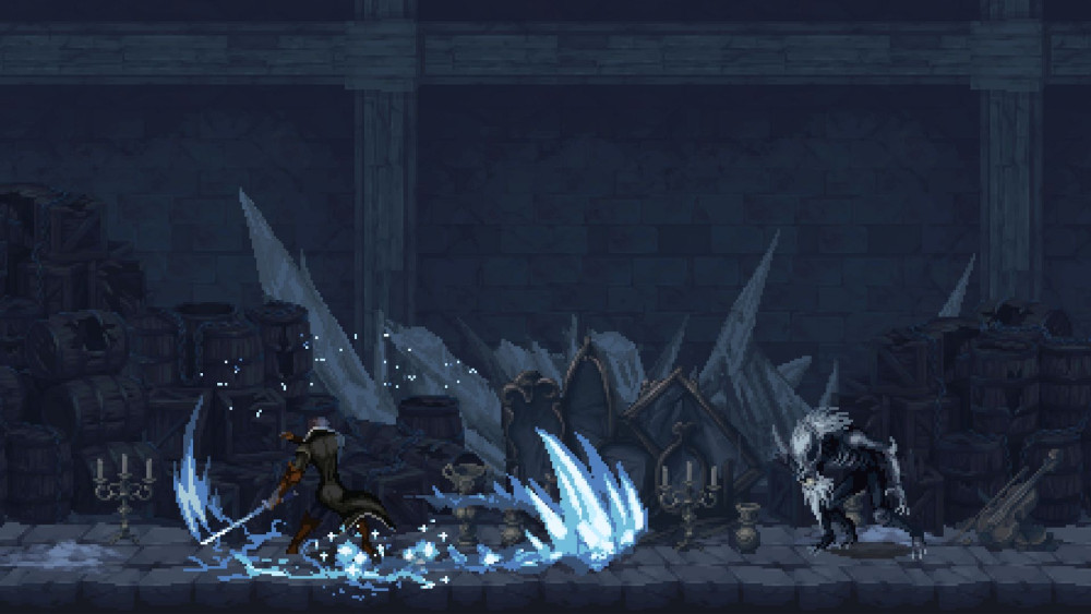 Pixelige game scene. Een personage vecht met blauwe energie-aanvallen tegen een monster.