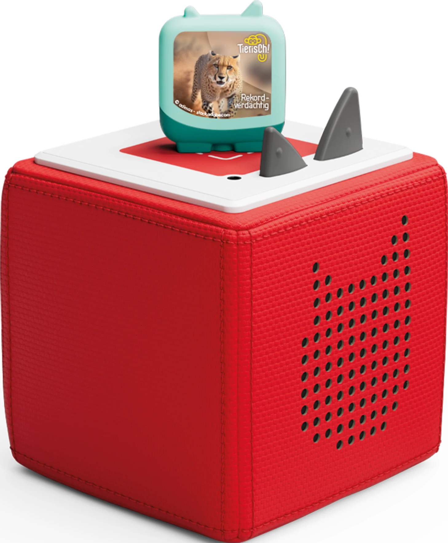 Giocattolo a forma di cubo rosso con carta di animali sopra e forme a pinna di squalo.