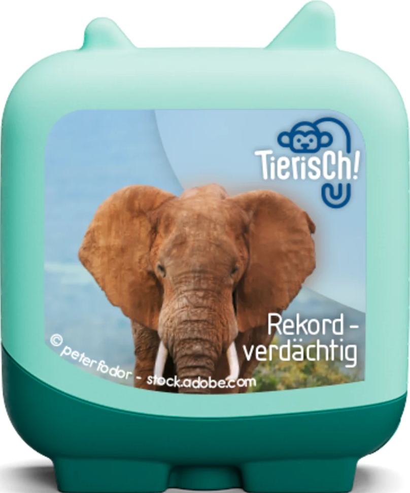 Un contenitore color verde acqua con un'immagine di elefante e testo.