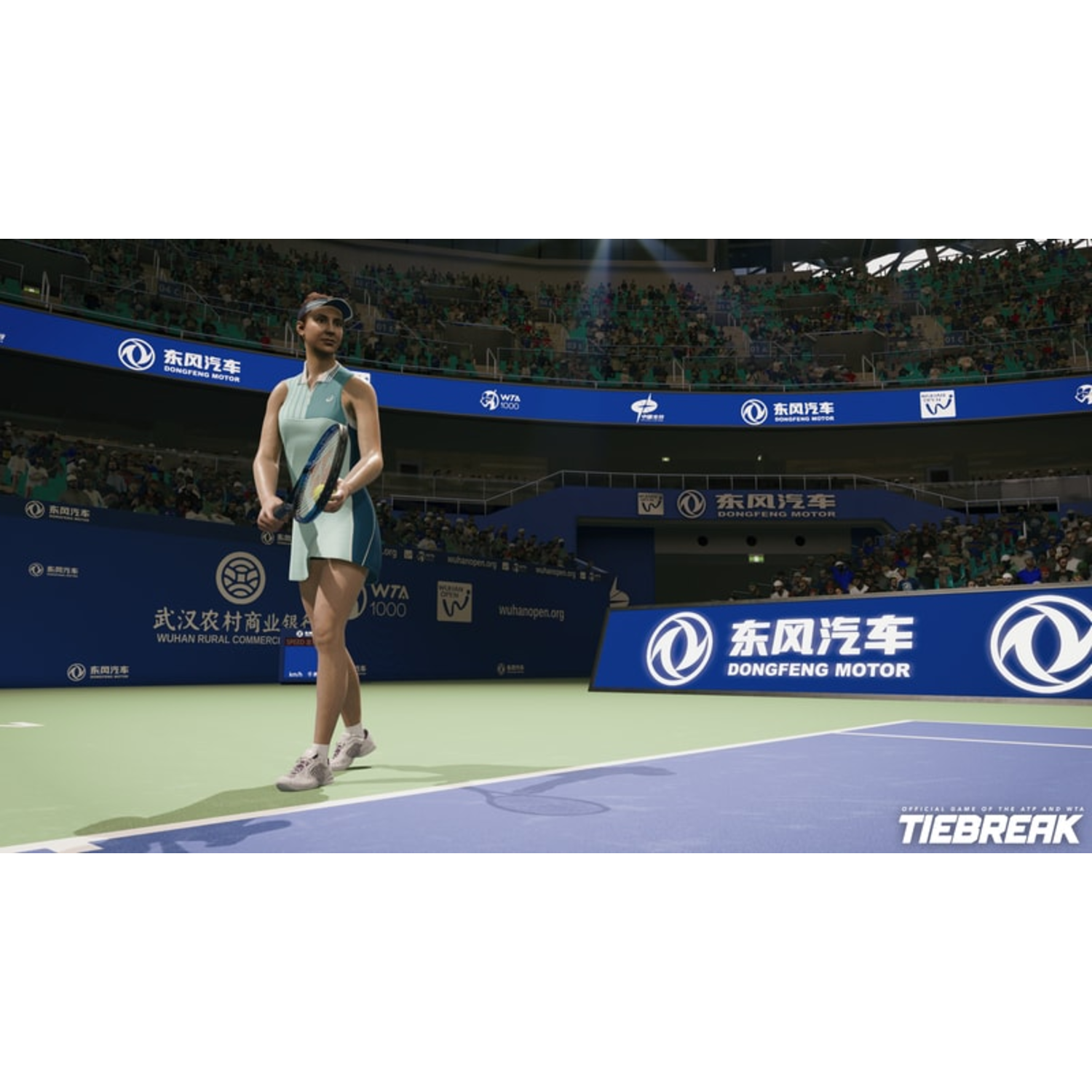 Vrouwelijke tennisspeler op een baan, met een racket, met stadion op achtergrond.
