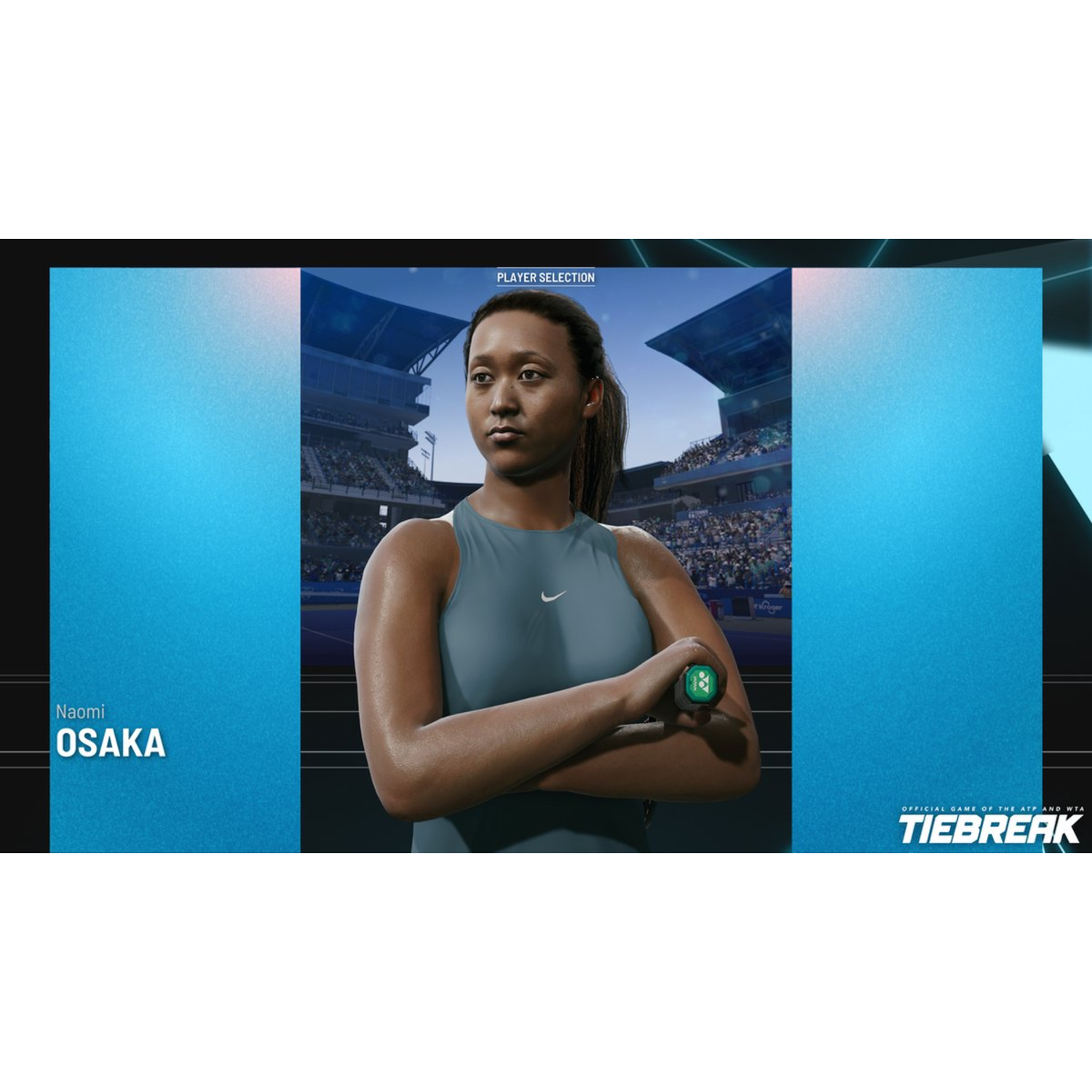 Naomi Osaka, in een tennissimulatie, met een tennisracket.