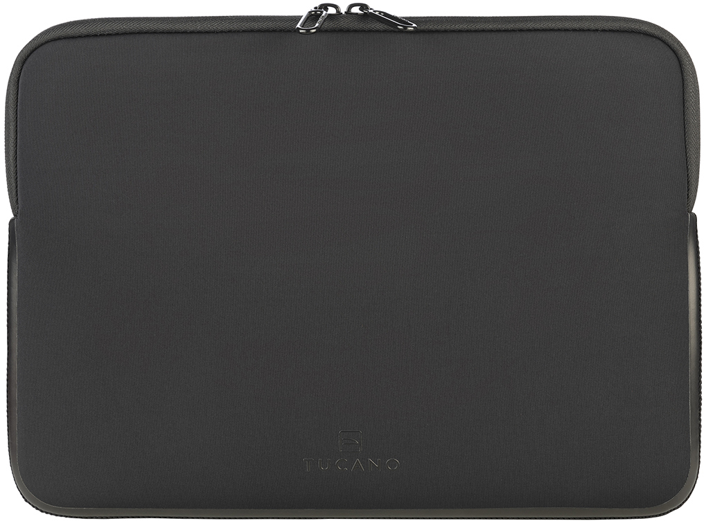 Eine dunkelgraue Laptop-Hülle mit Reißverschluss. Der Markenname ist dezent geprägt.