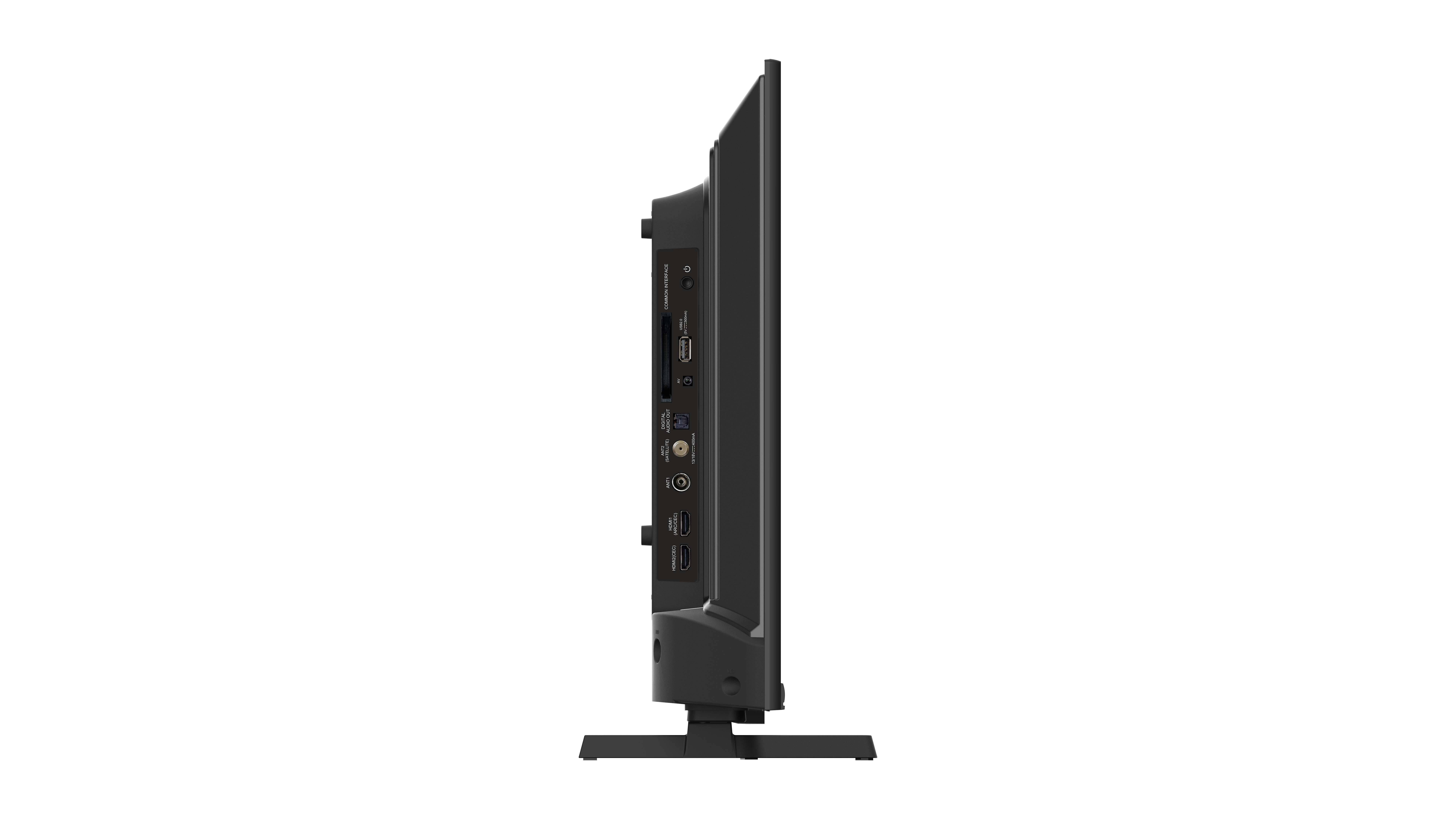 Eine Seitenansicht eines schwarzen Fernsehers, die Anschlüsse und den Ständer zeigt.