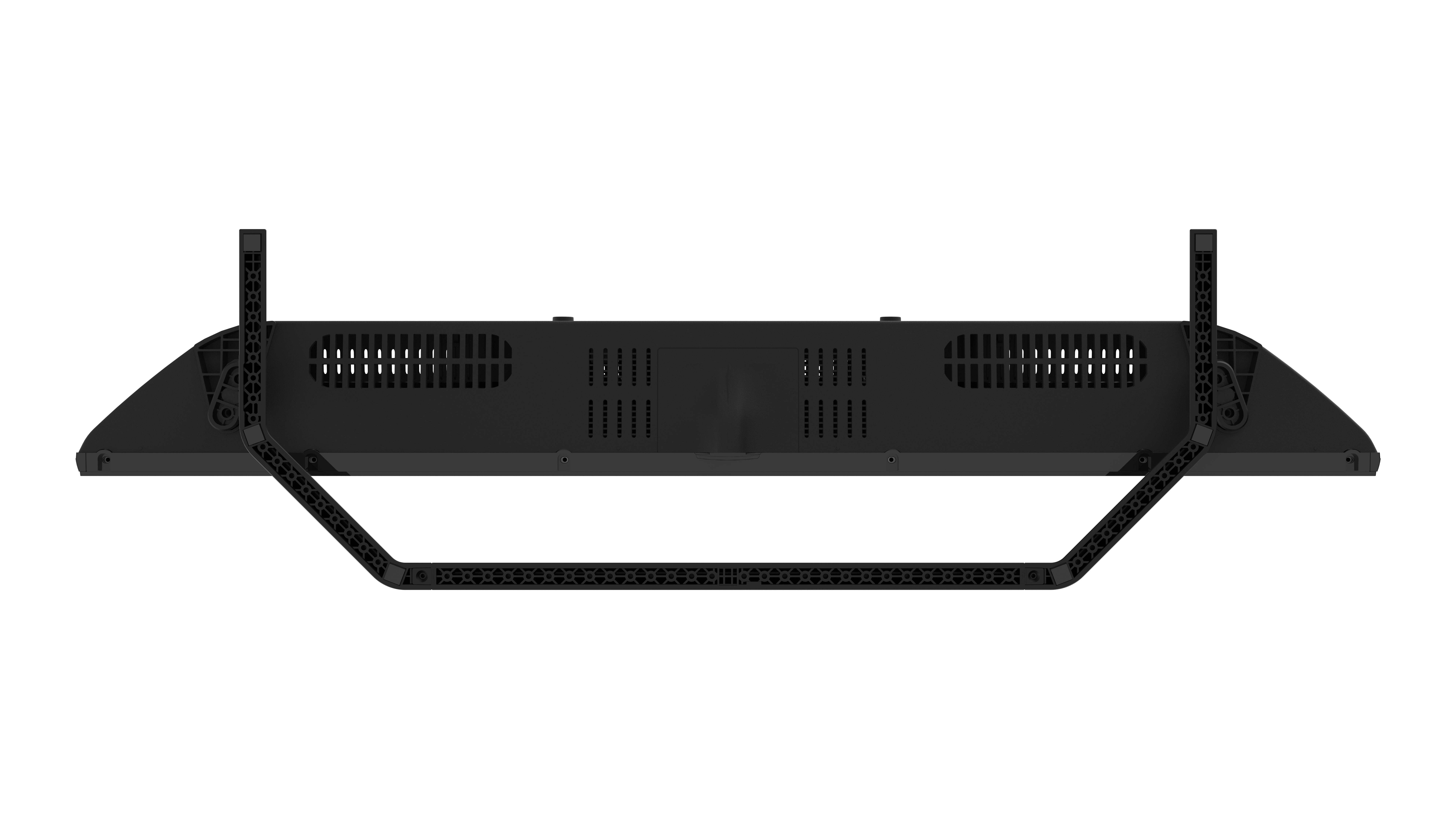 Unterseite eines schwarzen Fernsehers mit geschwungenem Design und zwei Halterungen auf weißem Hintergrund.