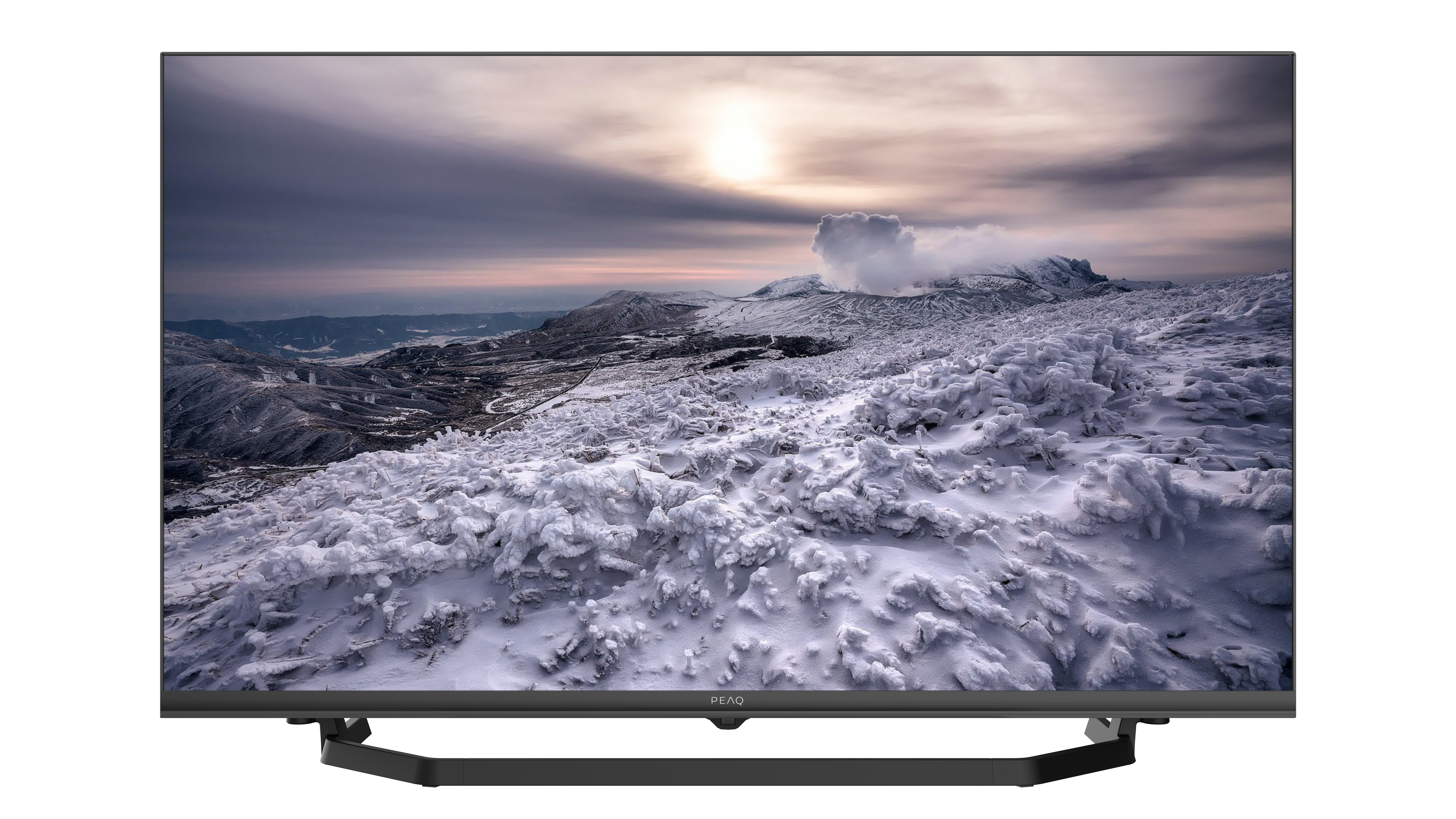 Ein moderner Fernseher, der eine schneebedeckte Berglandschaft mit einer hellen Sonne zeigt. Der Fernseher ist schwarz und hat einen Ständer.