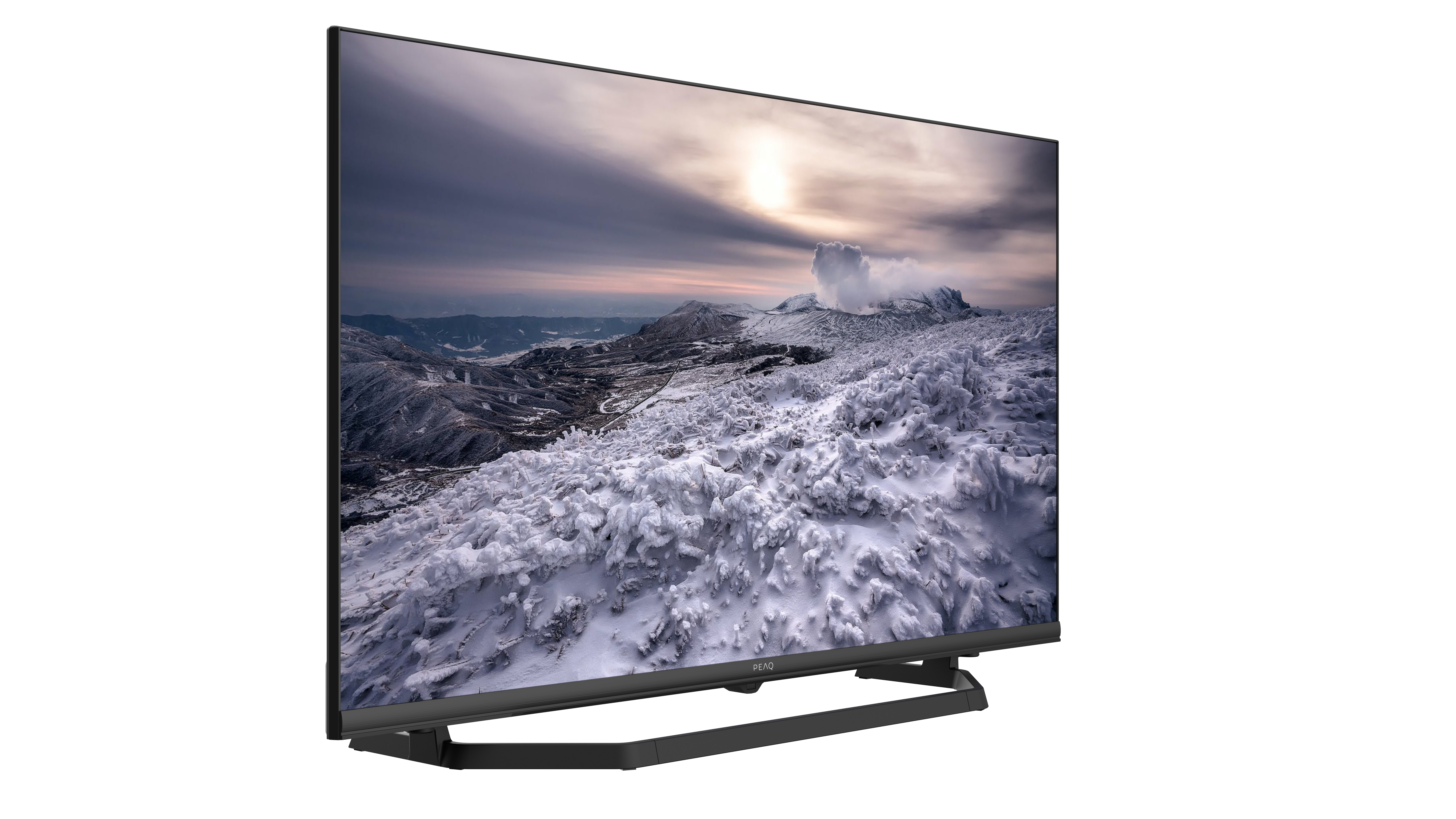 Ein Breitbild-Fernseher, der eine schneebedeckte Berglandschaft mit weißem Hintergrund anzeigt.