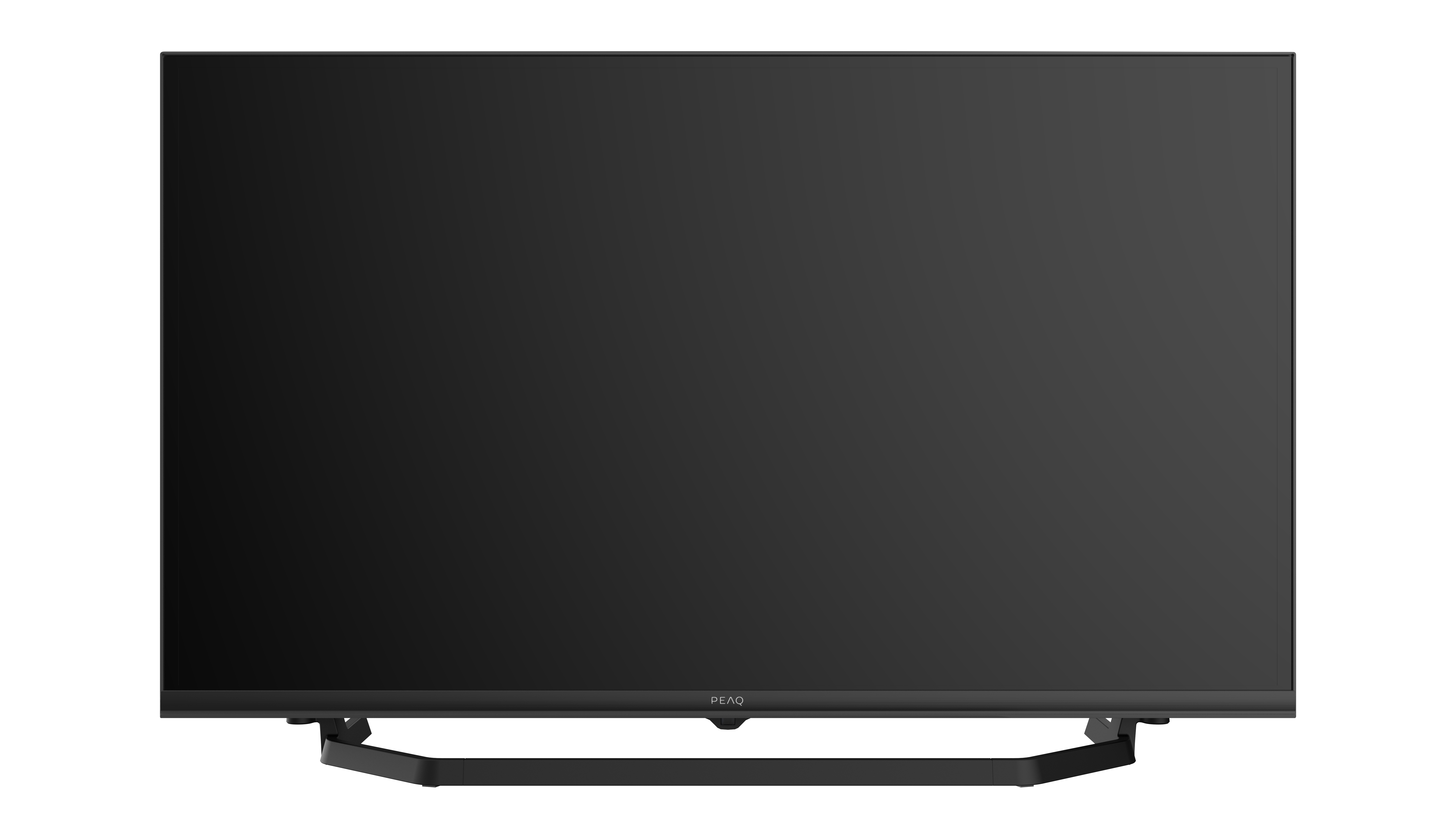 Ein schwarzer Flachbildfernseher steht auf einem schwarzen Ständer vor weißem Hintergrund.