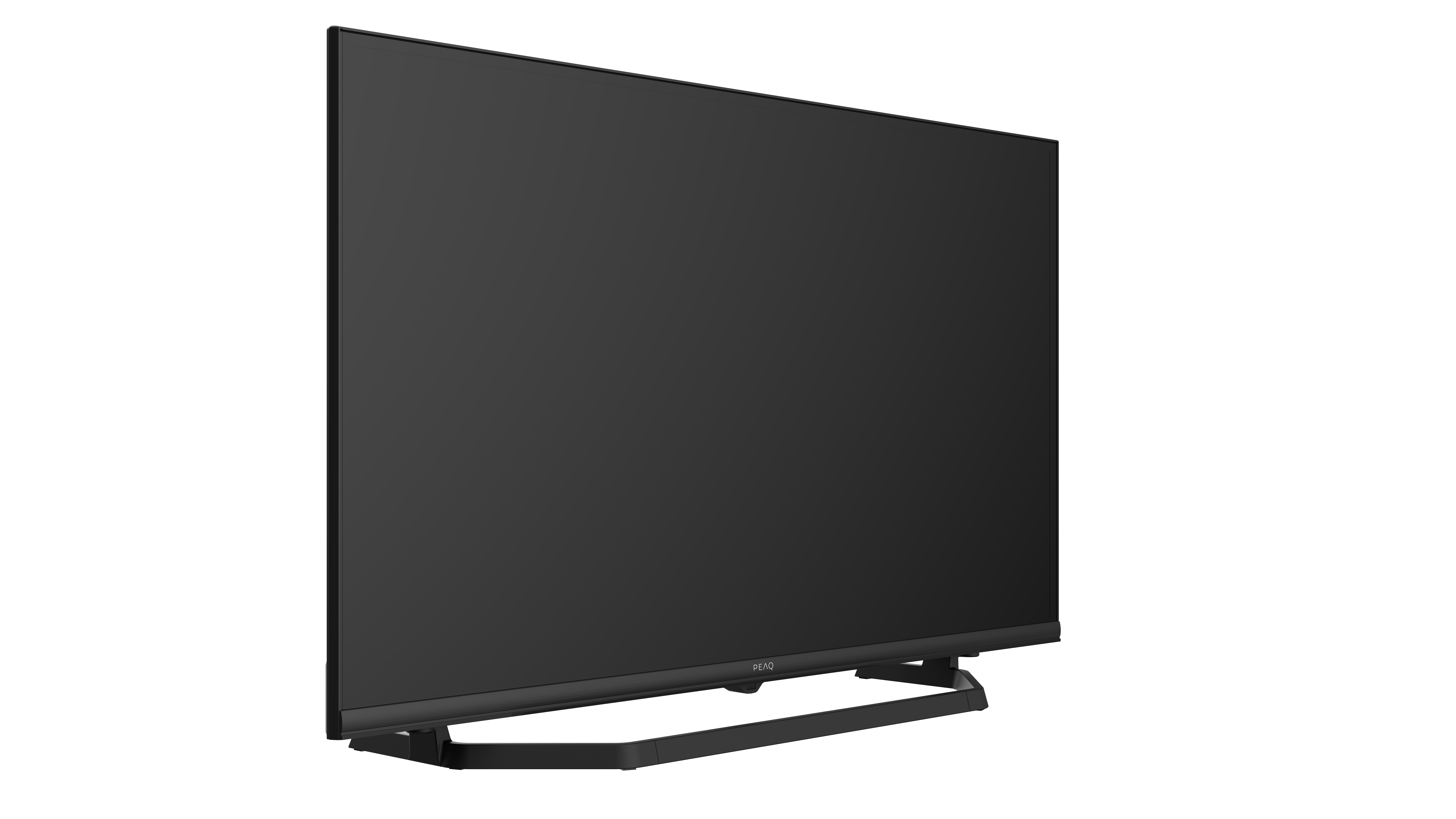 Schwarzer Fernseher auf einem Ständer. Der Bildschirm ist schwarz, nach rechts geneigt. Weißer Hintergrund.