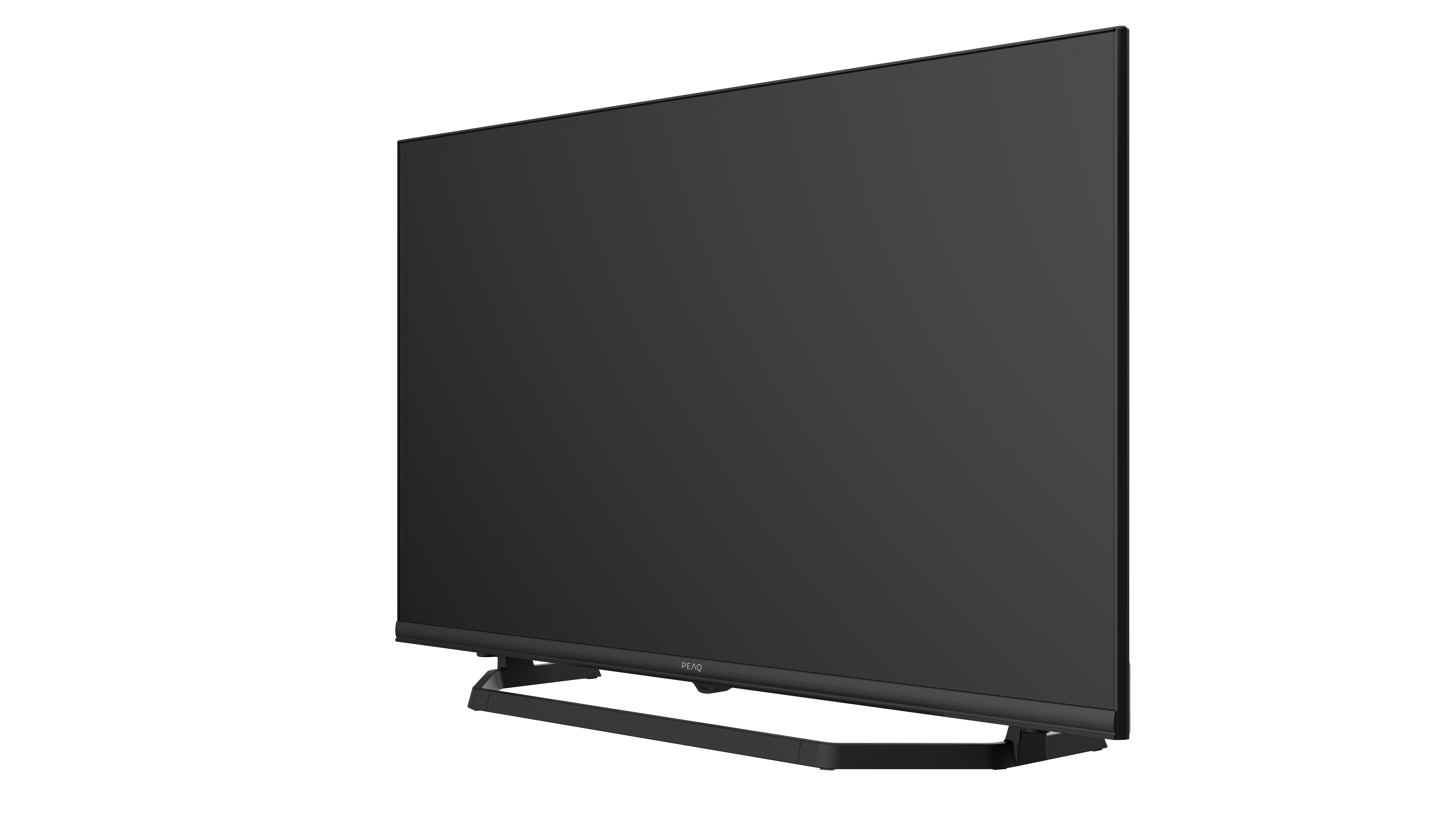 Ein schwarzer Flachbildfernseher auf einem Ständer vor weißem Hintergrund, von der Seite betrachtet.