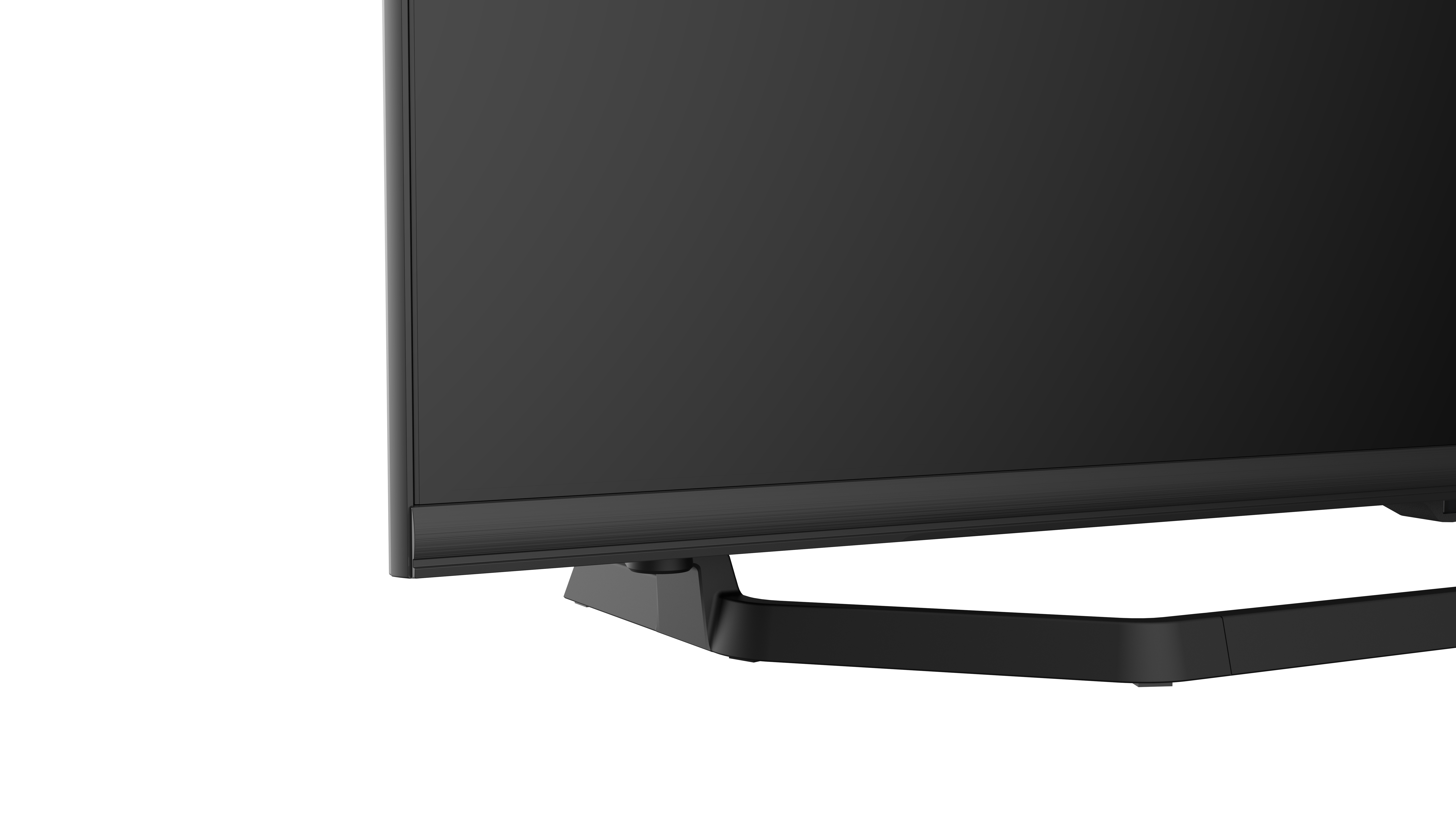 Schwarzer TV-Sockel, Eckansicht, mit weißem Hintergrund und minimalistischem Design.