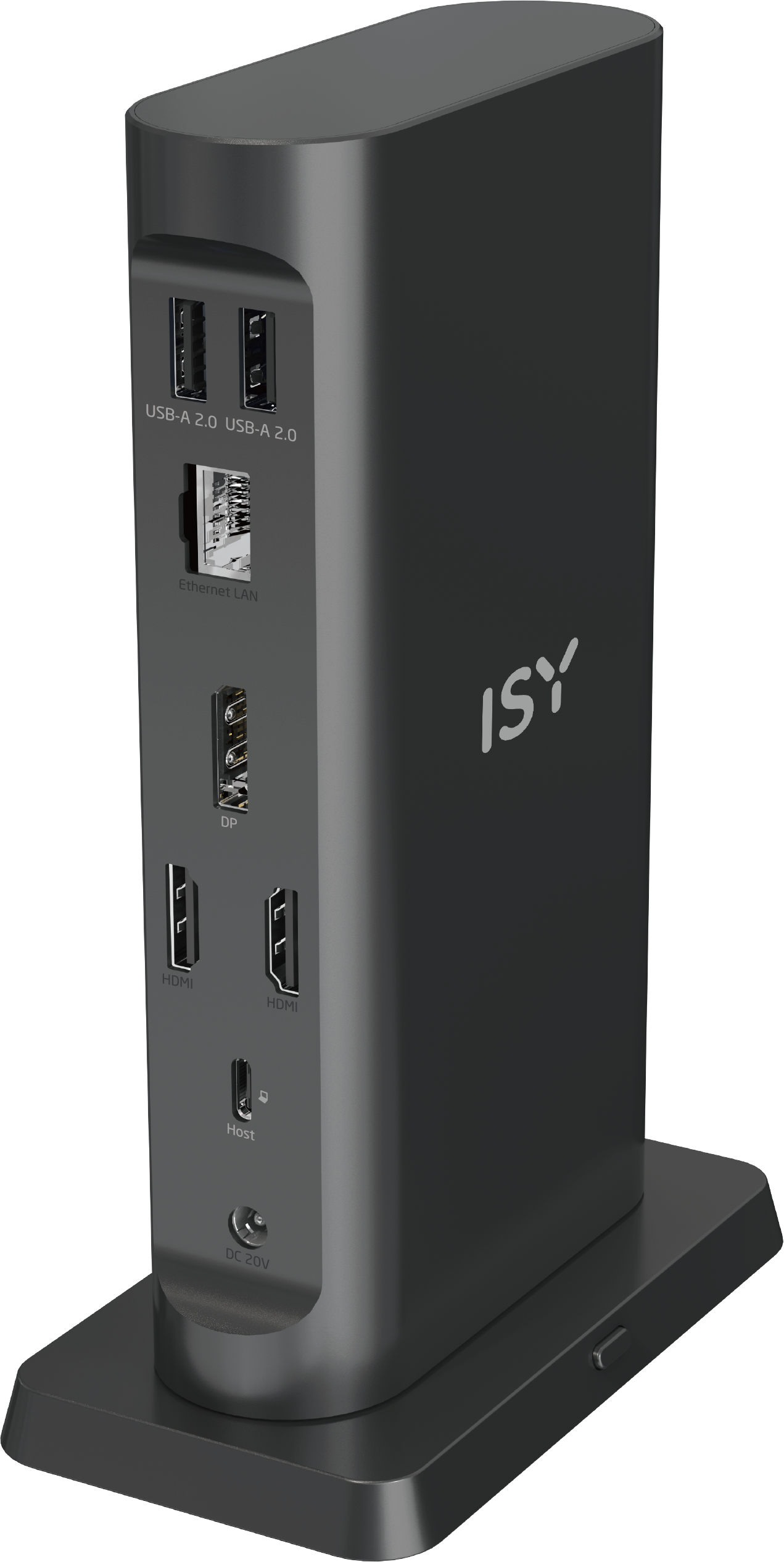 Eine schwarze Dockingstation mit verschiedenen Anschlüssen, darunter USB, HDMI und Ethernet.